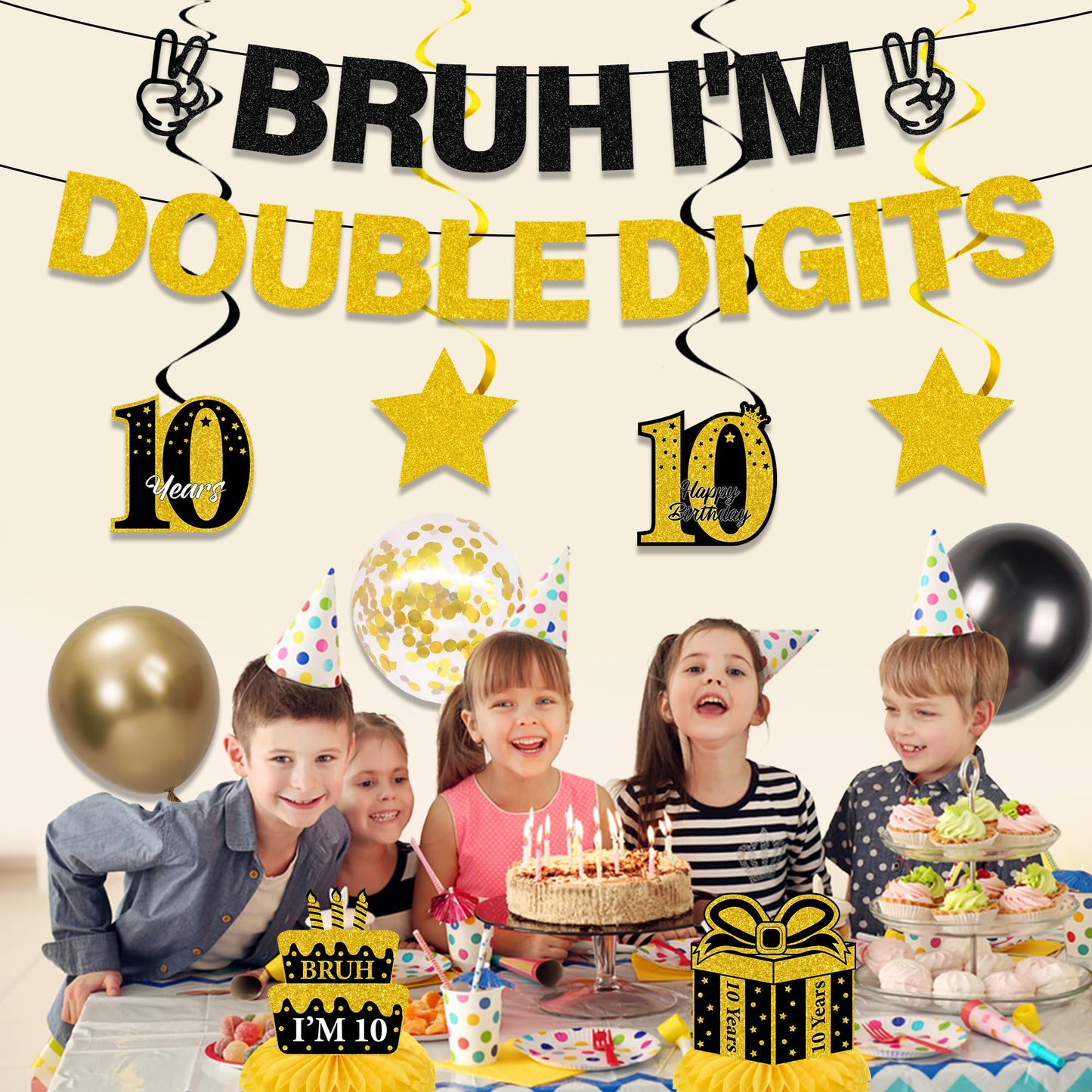 10th Birthday Decorations Banner Boys - 11 Pcs Silver Black Bruh I'M Double Digits Banners Hanging Swirls Honeycomb Table Decoration Latex Balloons For Boy 10 Year Old Bday Party Supplies BST220