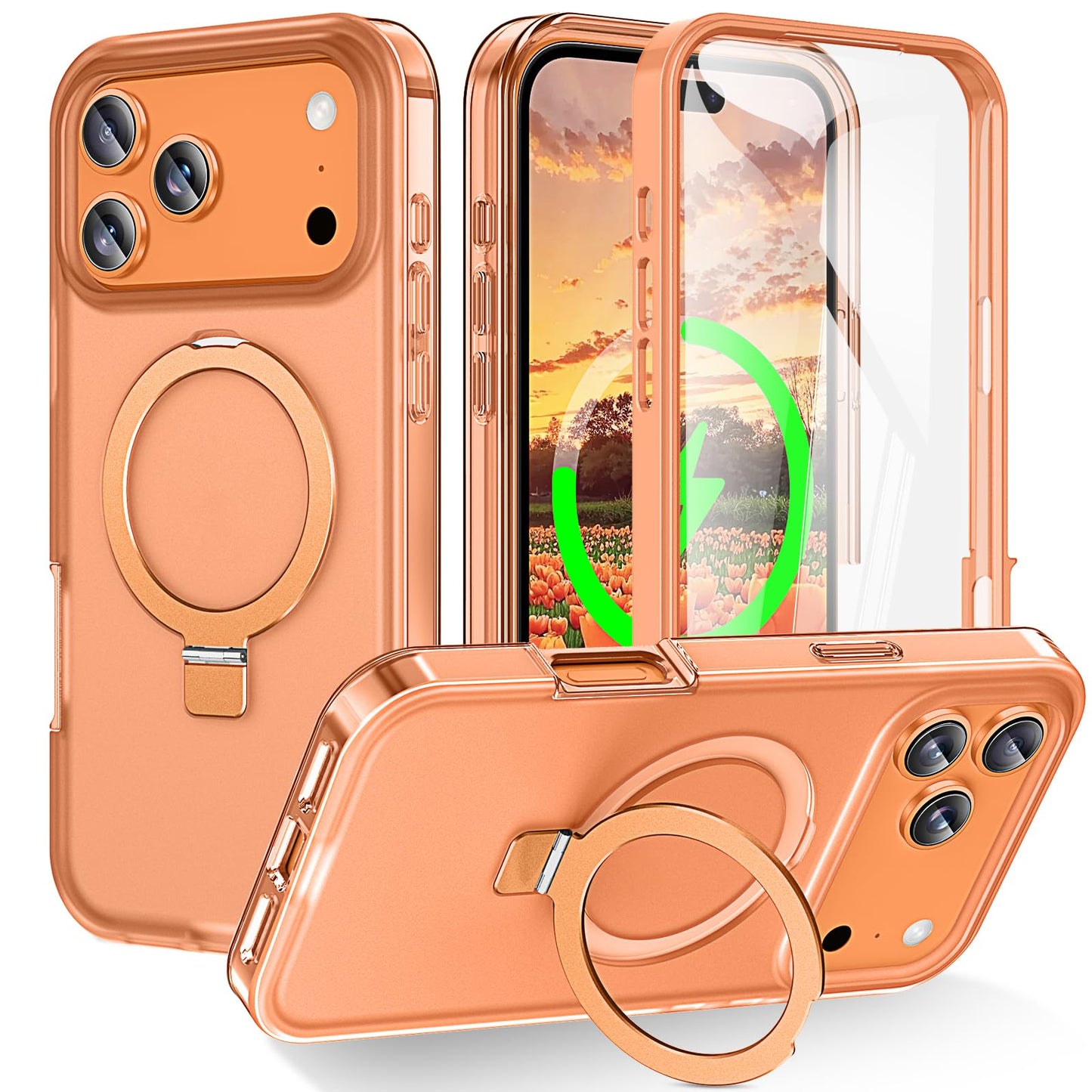 for iPhone 13 Pro Full Body Shockproof Case with Magnetic Invisible Stand [Compatible with MagSafe] Built-in Screen Protector Military Drop ProtectionTranslucent Phone Cover -Hot Pink WN420