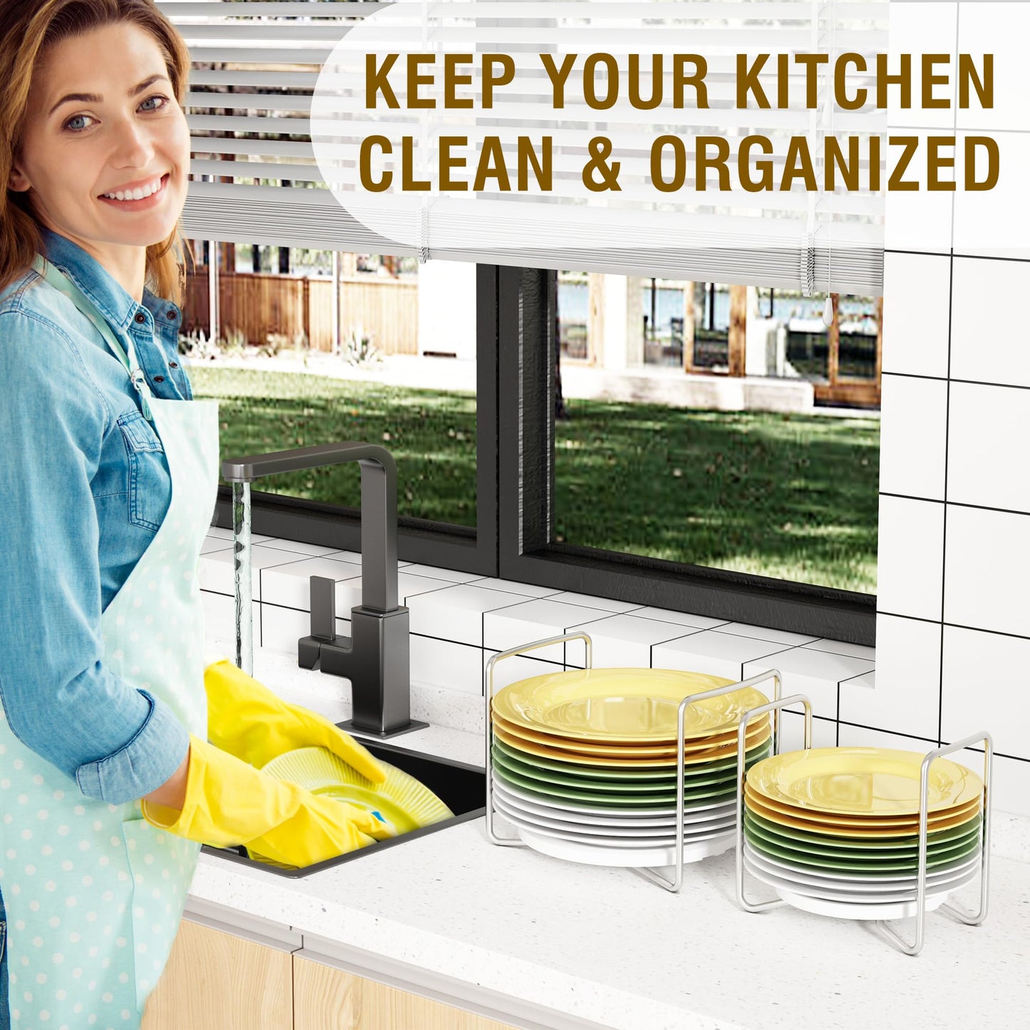 Plate Organizer for Kitchen Counter Bamboo Dish Racks for Cabinet Plate Holder for Kitchen Drawer Storage 2 Pack Adjustable for 6.75" to 8.5" Stainless Steel 304 Portable Handle BST220