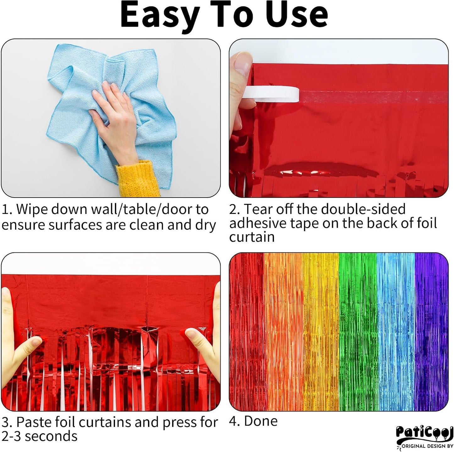 Back to School Decorations, 3.2x8.2 FT Thicken Rainbow Party Streamers Foil Fringe Backdrop Curtains 4 Pack BST326H