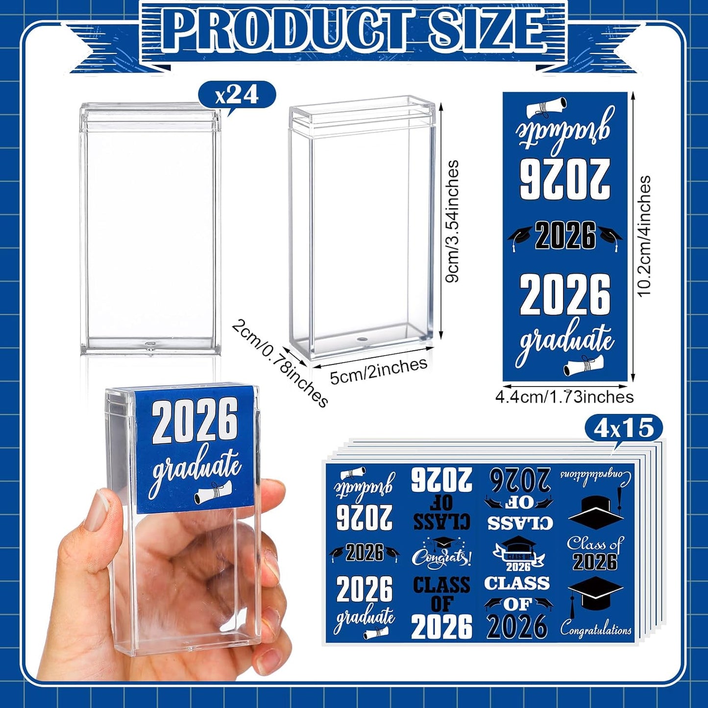 AceOrbit 2026 Graduation Candy Jar Bulk for 24 Guest 3.54 Inch Empty After Dinner Candy Tube Buffet Container Acrylic Box with Sticker for Class of 2026 End of Year Gifts Multi-item Party Favor(Blue) WN420