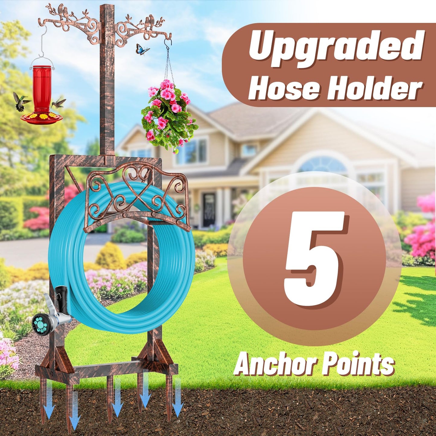 Garden Hose Holder, Freedstanding Heavy Duty Garden Water Hose Holder Stand with 2 Shepherds Hooks, Detachable Metal Hose Storage Hanger Rack for Outside Yard Lawn Farm DD1210