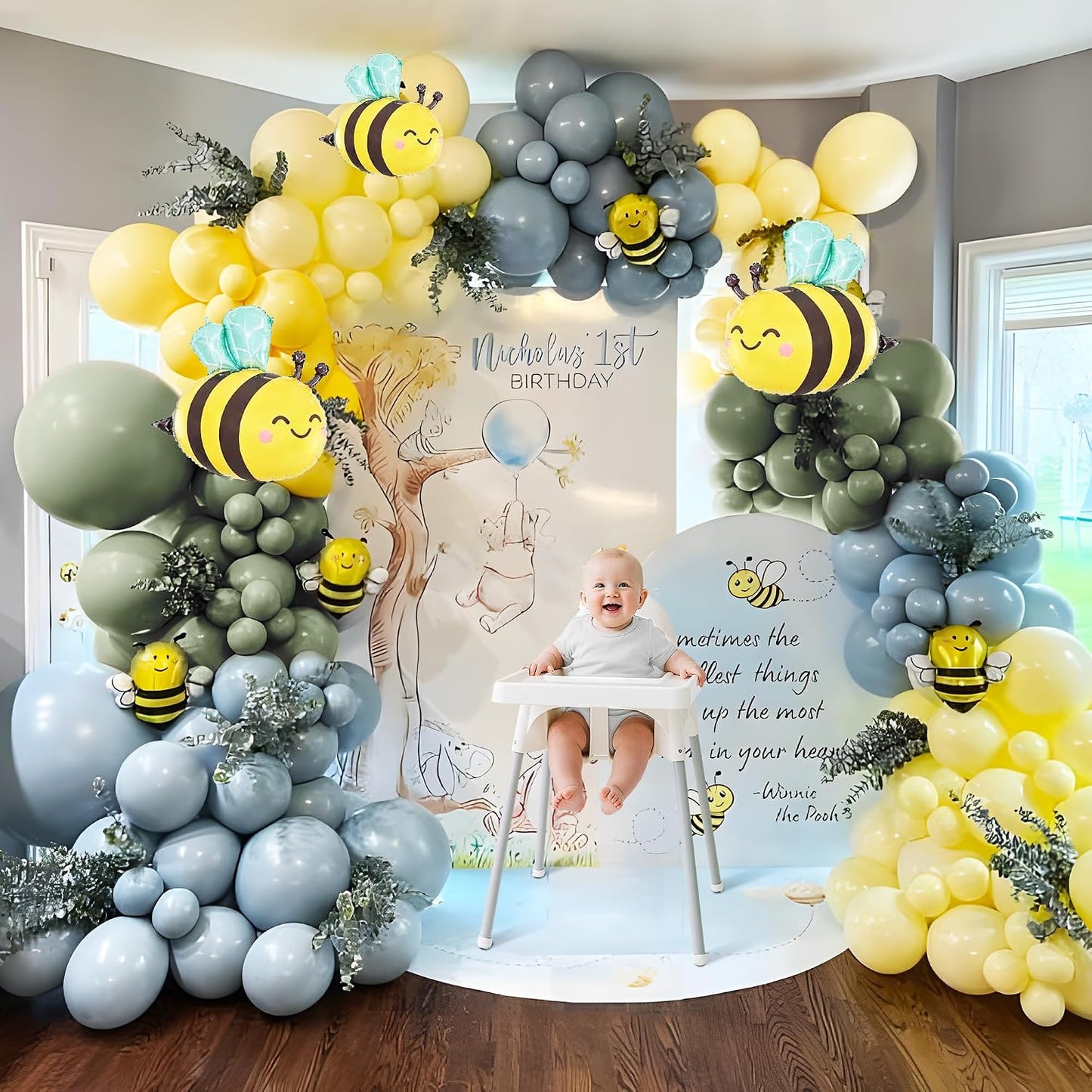 Bee Baby Shower for Boy Balloon Arch with Bee Foil Balloons 113 Pcs 18" 12" 10" Balloon Garland with Sage Green, Baby Blue, Honey Yellow & Sand White Arch for Bear Theme Party Decorations BST202