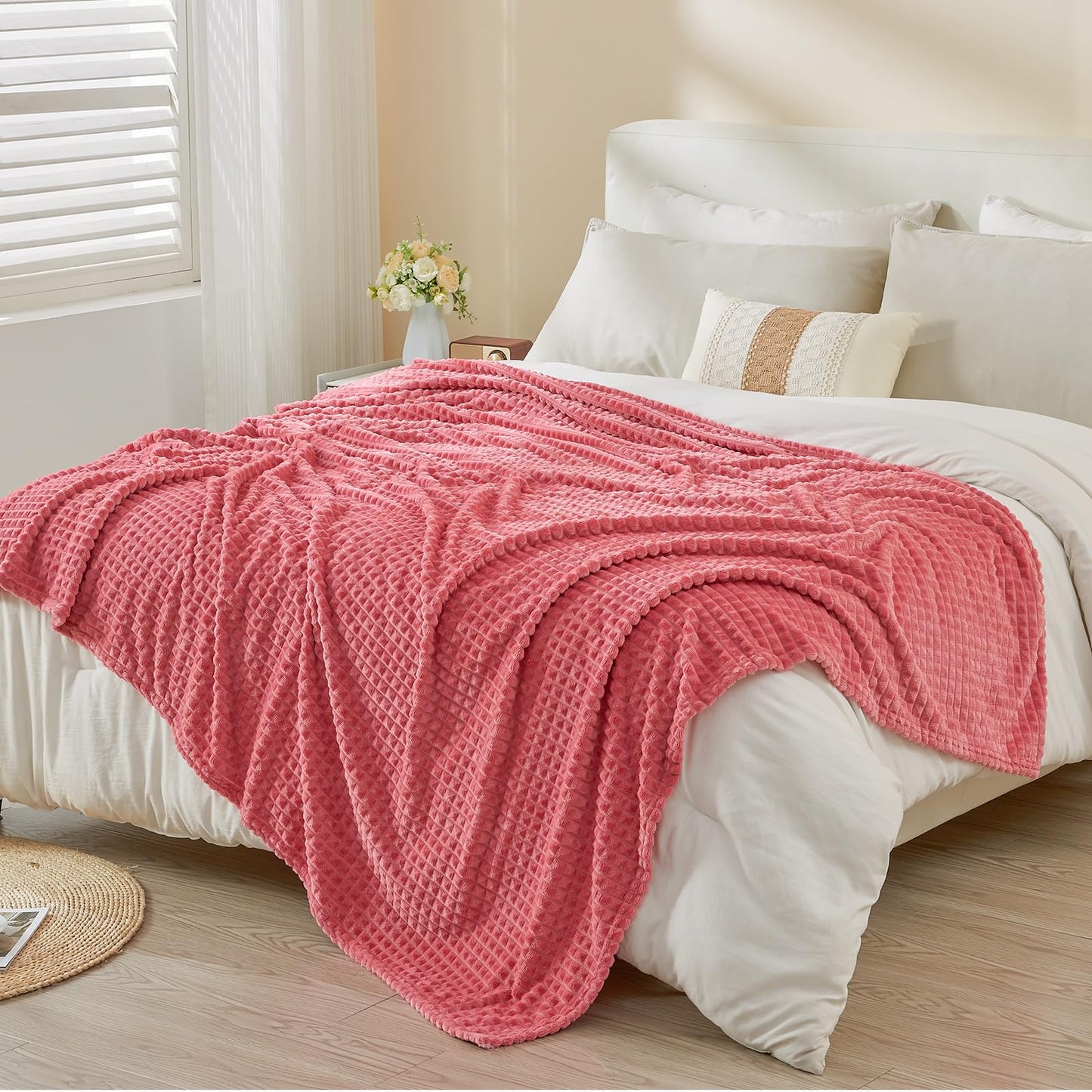 EMME Fleece Blanket, 3D Jacquard Throw Blanket for Couch and Bed, Soft Cozy and Fluffy Blankets Lightweight Luxury Flannel with Waffle Design (Navy Blue, 50" x 60") BST202