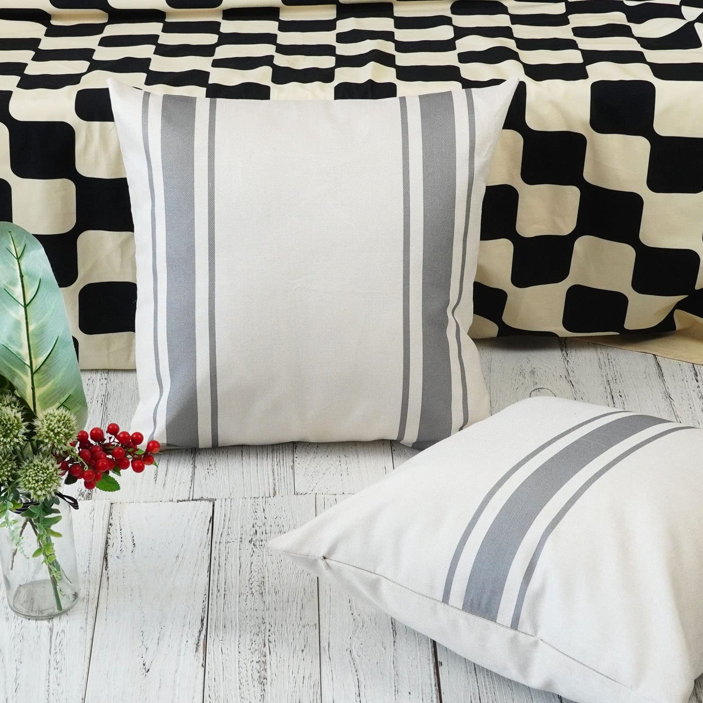 ONWAY Outdoor Pillow Covers Waterproof 18x18 Set of 2 Decorative Linen Throw Pillow Cover Beige and Black Striped Outdoor Pillows for Patio Furniture BST220