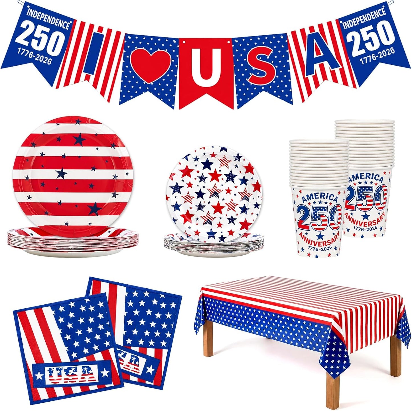 4th of July Party Supplies, American Flag Patriotic Decorations | Disposable Paper Plates, Cups, Banner, Tablecloth and Napkins Set, Serve 24 BST202