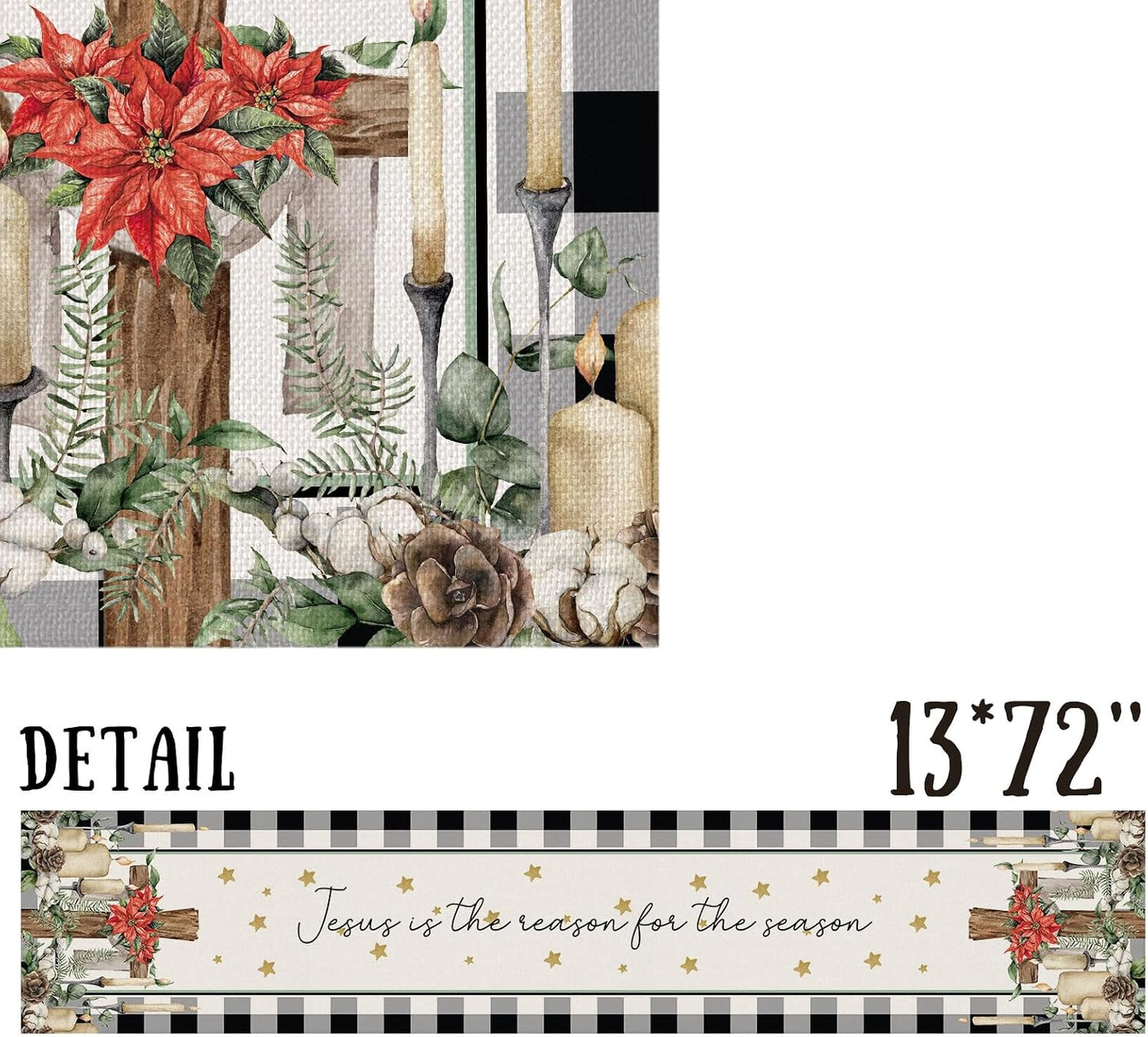 DLZDN Christmas Cross Table Runner Jesus is The Reason for The Season Table Runner Rustic Buffalo Plaid Christmas Winter Religious Home Kitchen Dining Table Home Party Decor 13x72 Inch BST202