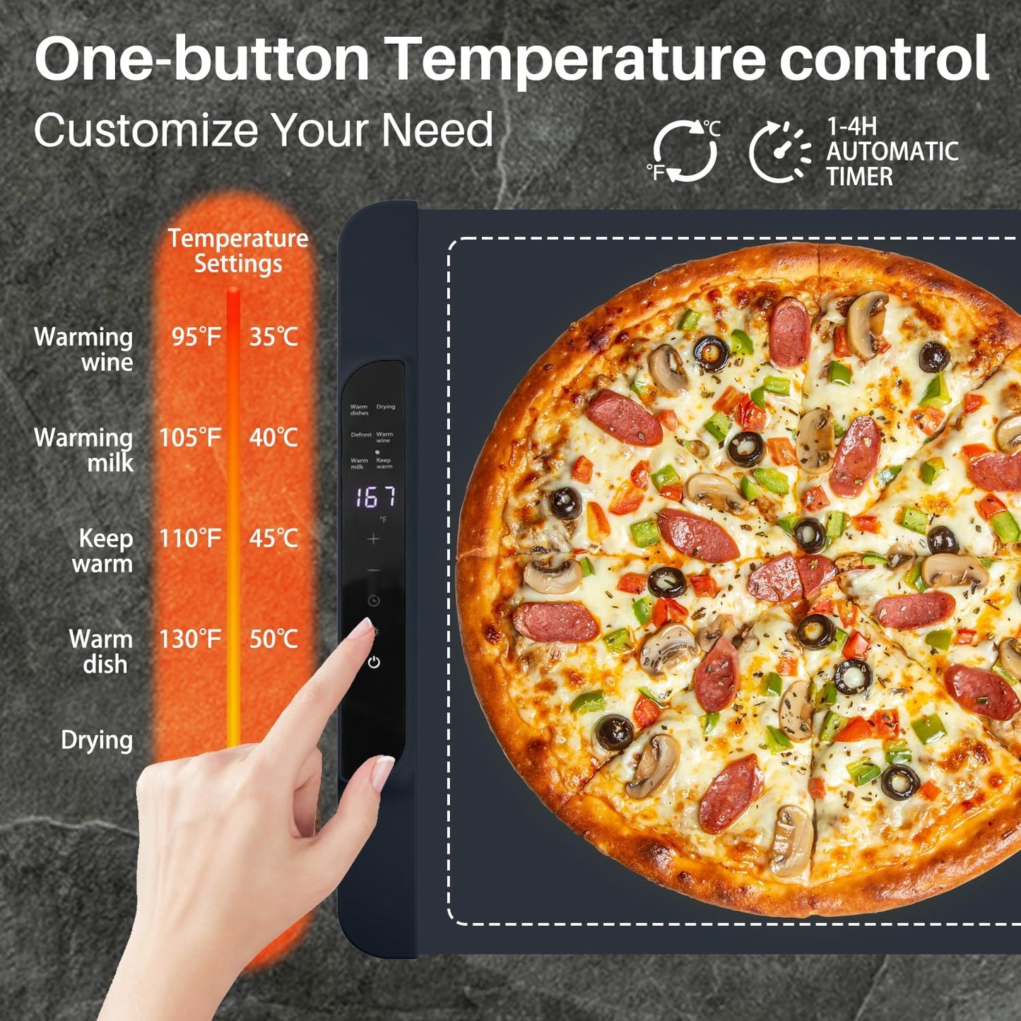 Food Warming Mat - Electric Warming Tray for Buffets Party and Home Daily Use,10H Timer, Child Lock, Auto Shut-Off Portable Silicone Heat Pad for Travel & Dining, Grey WN420