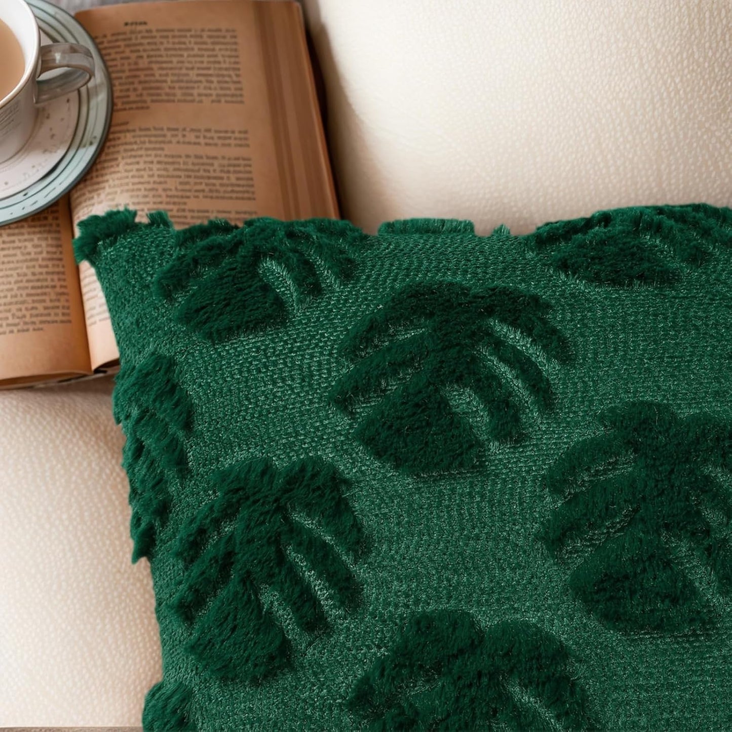 Palm Leaves Decorative Throw Pillow Covers 18"x18", Set of 2 Green Tropical Leaf Soft Faux Fur Pillow Covers, Fluffy Plush Pillow Cases for Farmhouse Couch Cushion Covers BST326H