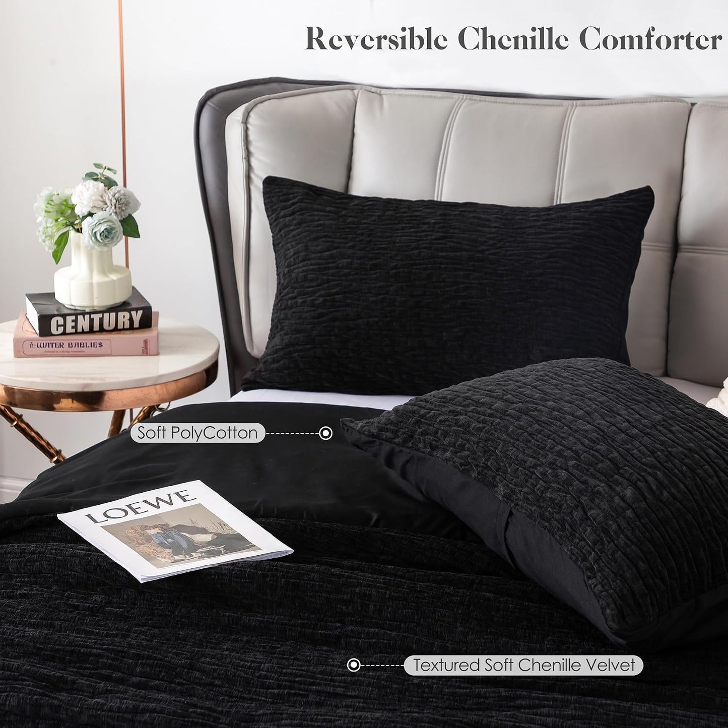COTTEBED Reversible Chenille Cotton Twin Comforter Set, Luxury Textured Stripe Soft Modern Bedding Down Comforter for Kid Children Teen Boy College Dorm, Lightweight All Season (Black,Twin/Twin XL) BST202