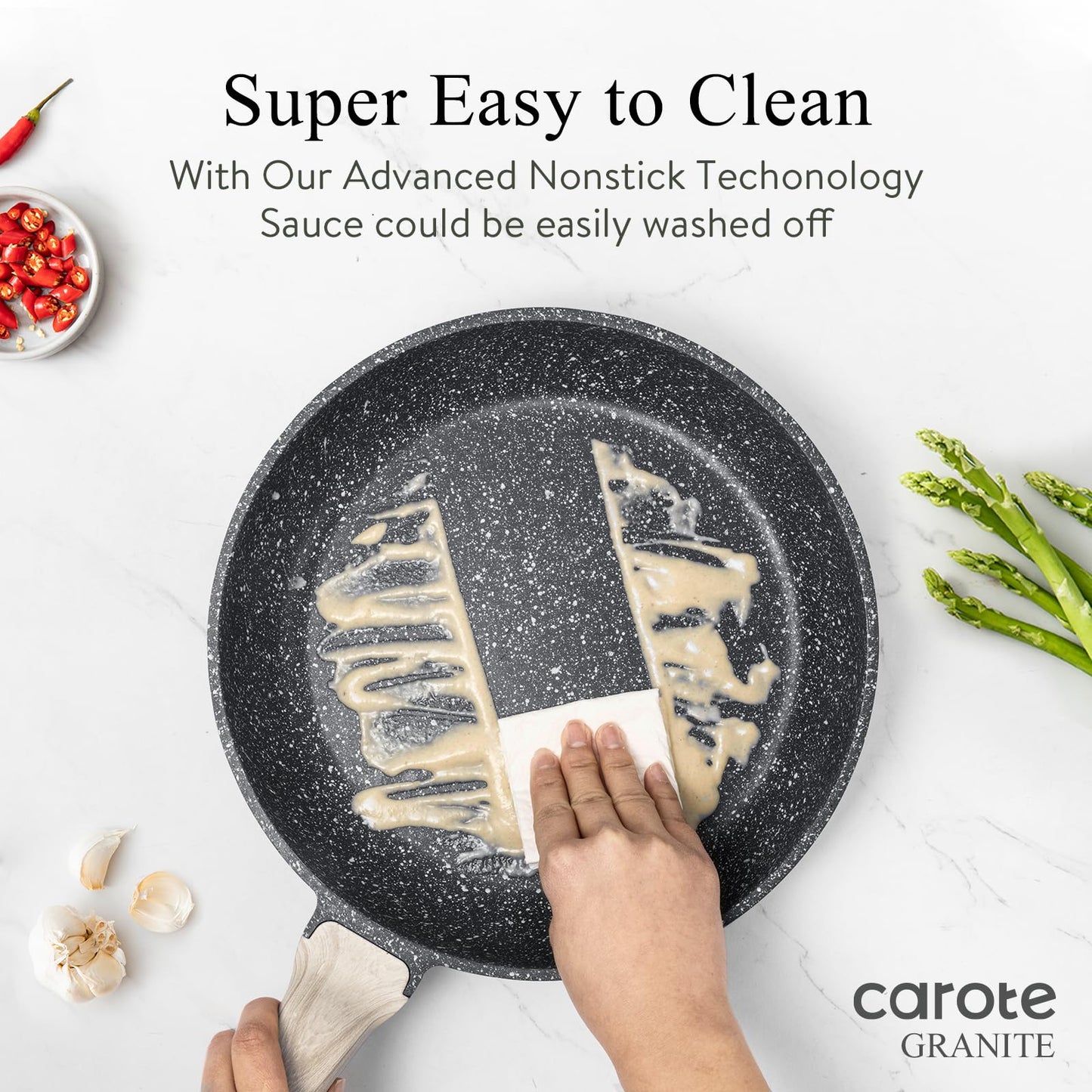 CAROTE Non Stick Frying Pan, 12 Inch Cream White Skillet with Glass Lid | Non Toxic Kitchen Healthy Cookware, Compatible with All Stovetop, Easy to Clean, PFOA Free BST202