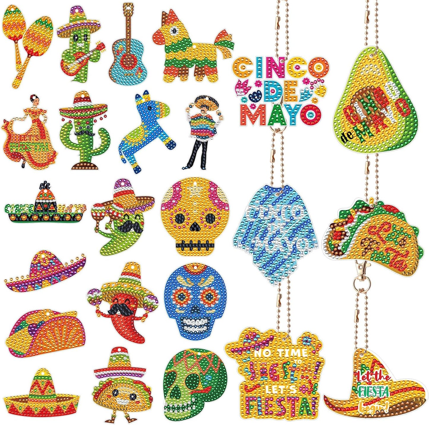 Huquary 24 Sets Cinco De Mayo Diamond Arts Keychains Mexican Fiesta Diamond Art Ornaments 5D DIY Crystal Rhinestone Crafts Kits Sombrero Taco Cactus Craft for Cinco De Mayo Mexican Holiday Gifts WN420