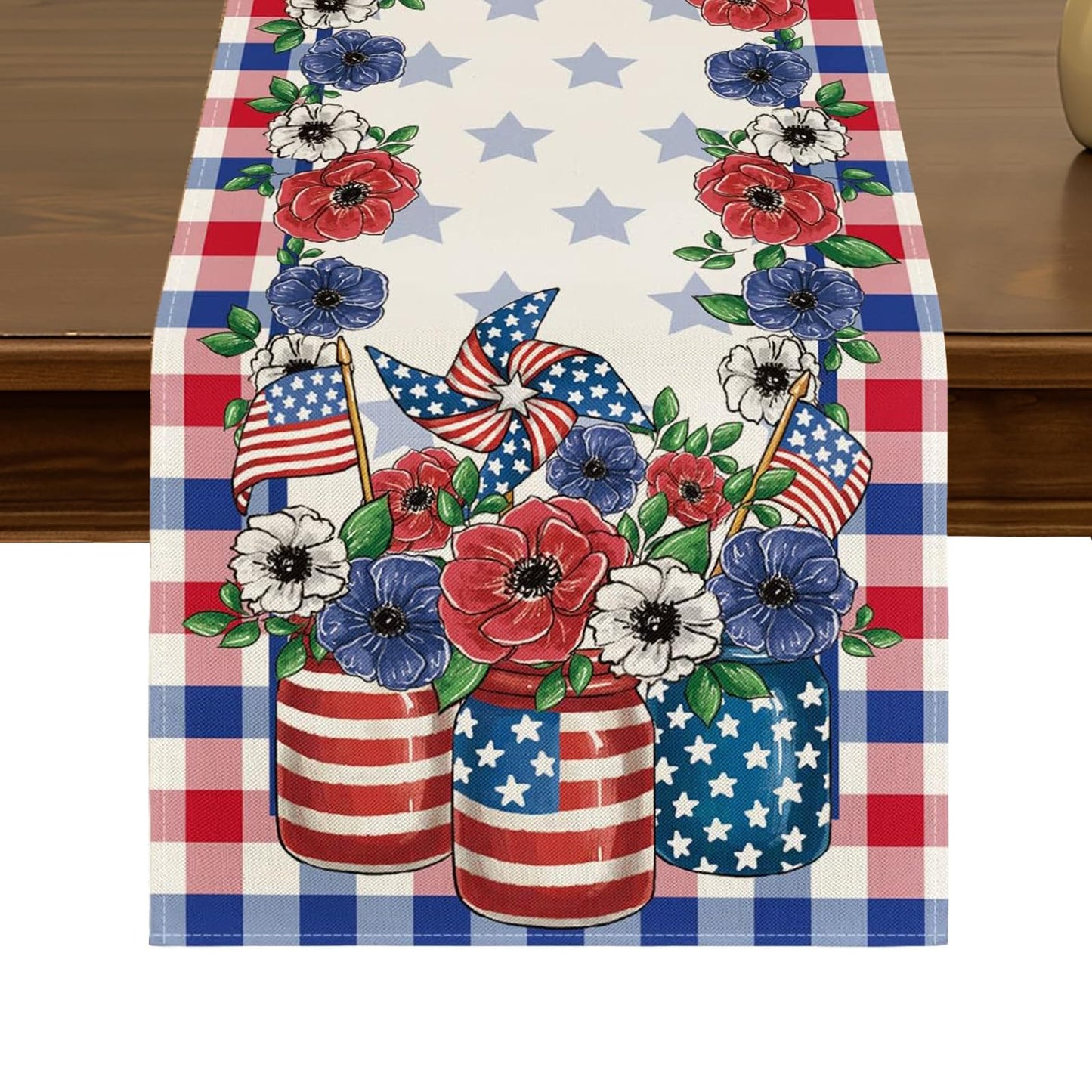 Patriotic Blue Red Stars 4th of July Table Runner 13x72 Inch Seasonal Kitchen Dining Table Decor for Indoor Outdoor Farmhouse Home Party Decoration ZQ119 BST326H