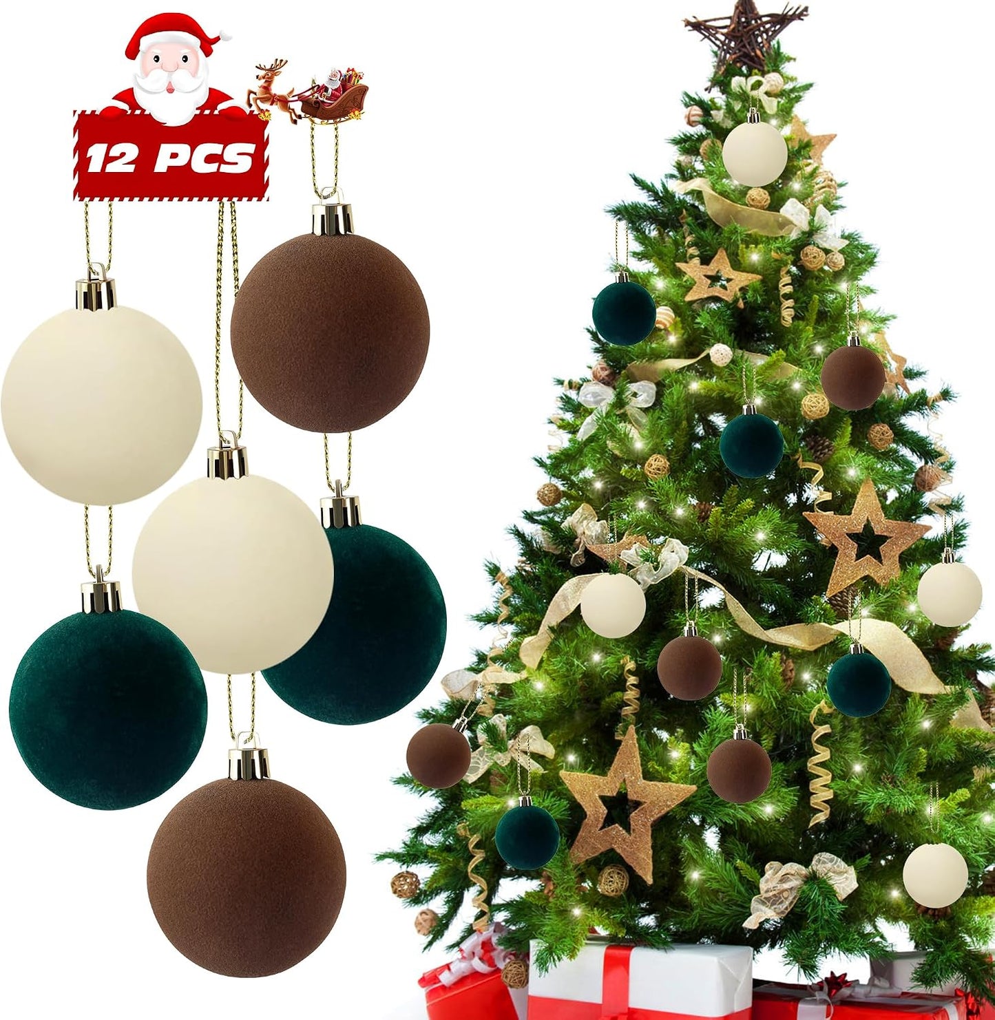 12 PCS Velvet Ornaments for Christmas Tree Decorations, Elegant Velvet Christmas Ornaments Balls, Shatterproof Xmas Decorative Hanging Ornaments(Brown, Green, Light Khaki,2.36 Inch) BST202
