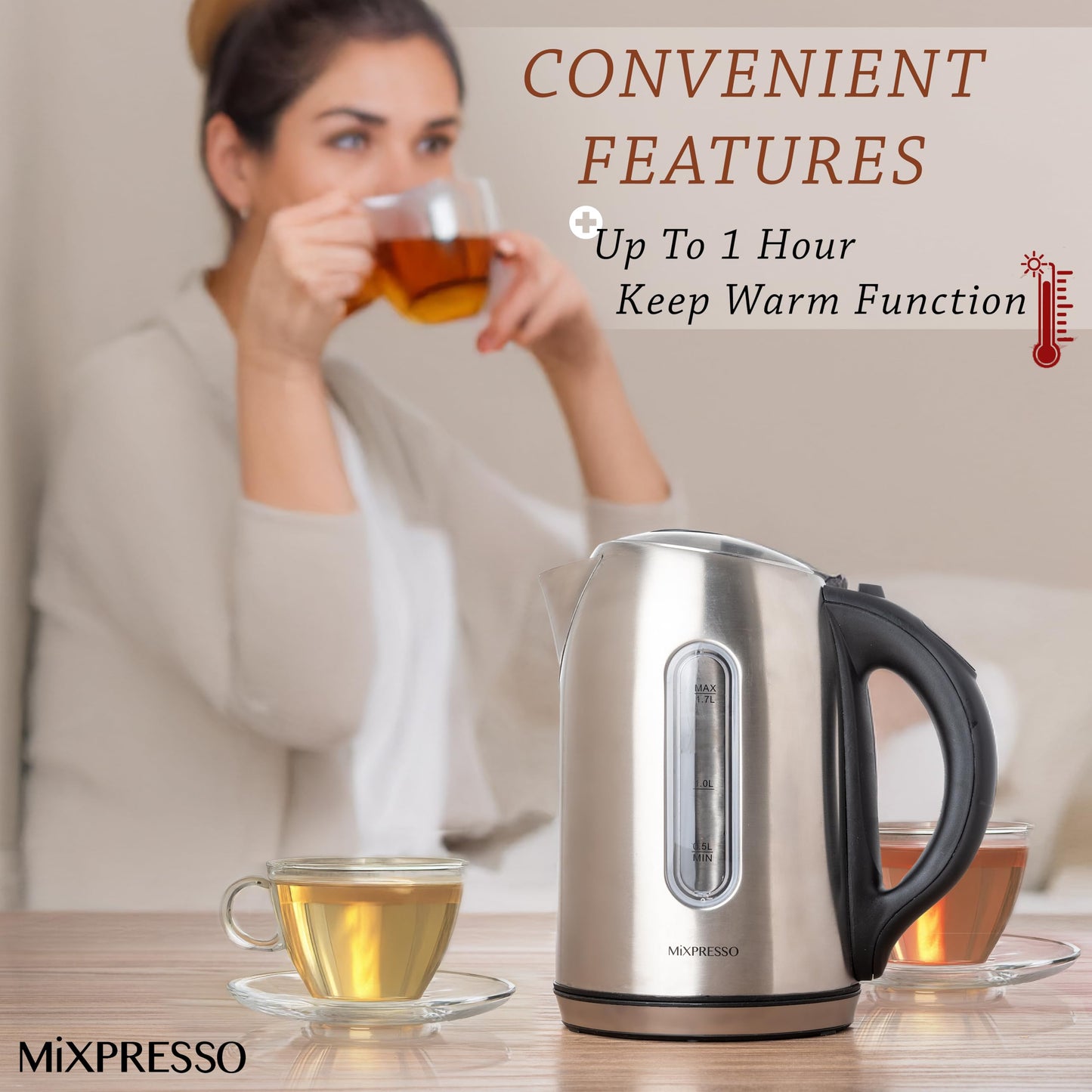 Mixpresso Electric Kettle Temperature Control, Hot Water Kettle Electric, Cordless 1 Liter Capacity, Keep Warm & LED Indicator, Auto-Shutoff, Boil-Dry Protection, Stainless Steel Electric Kettle BST220