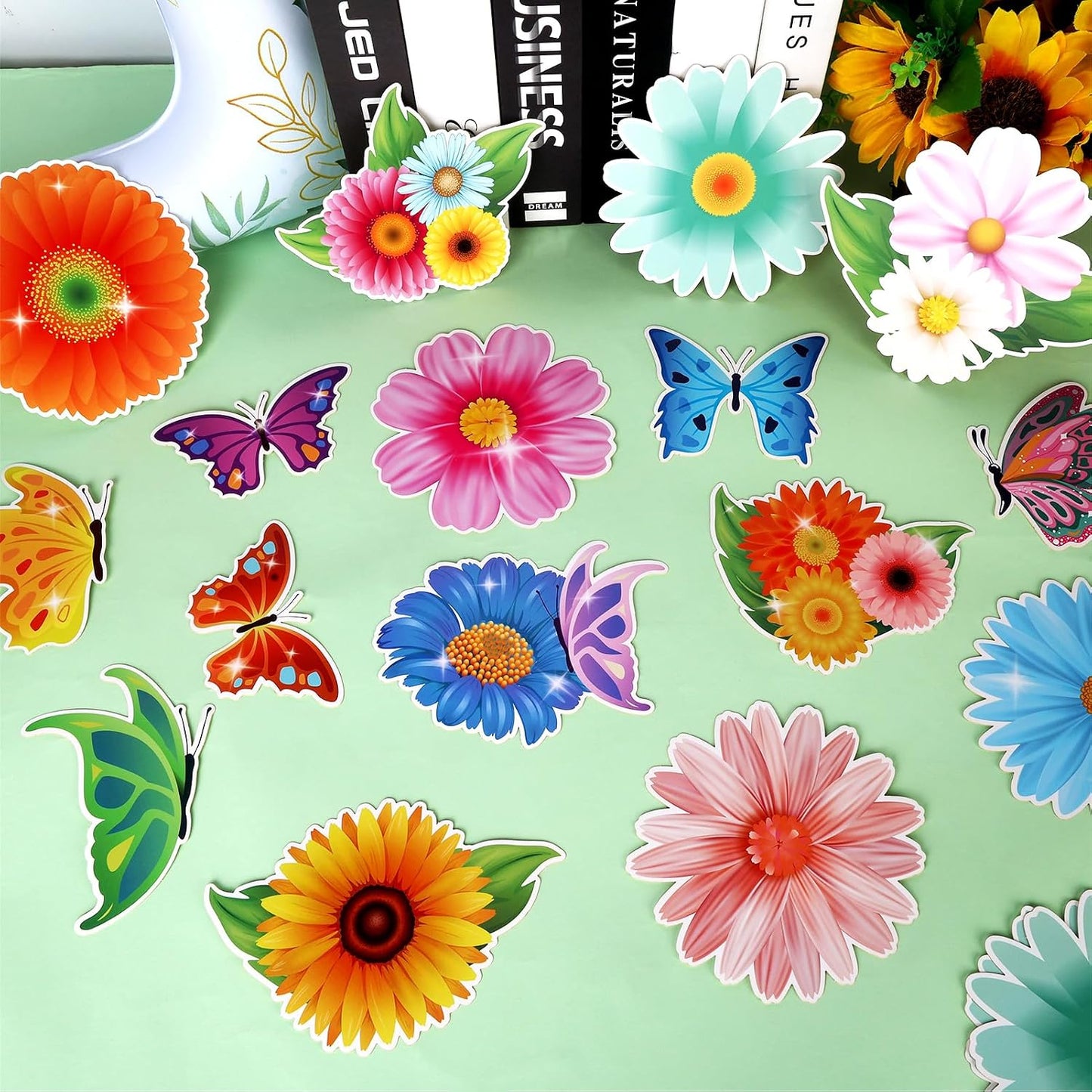 Konsait Flower Butterfly Cutouts,Spring Bulletin Board Decorations Set 48 Pcs Spring Flower Paper Butterflies Decor for Classroom Home Office,16 Designs BST326L