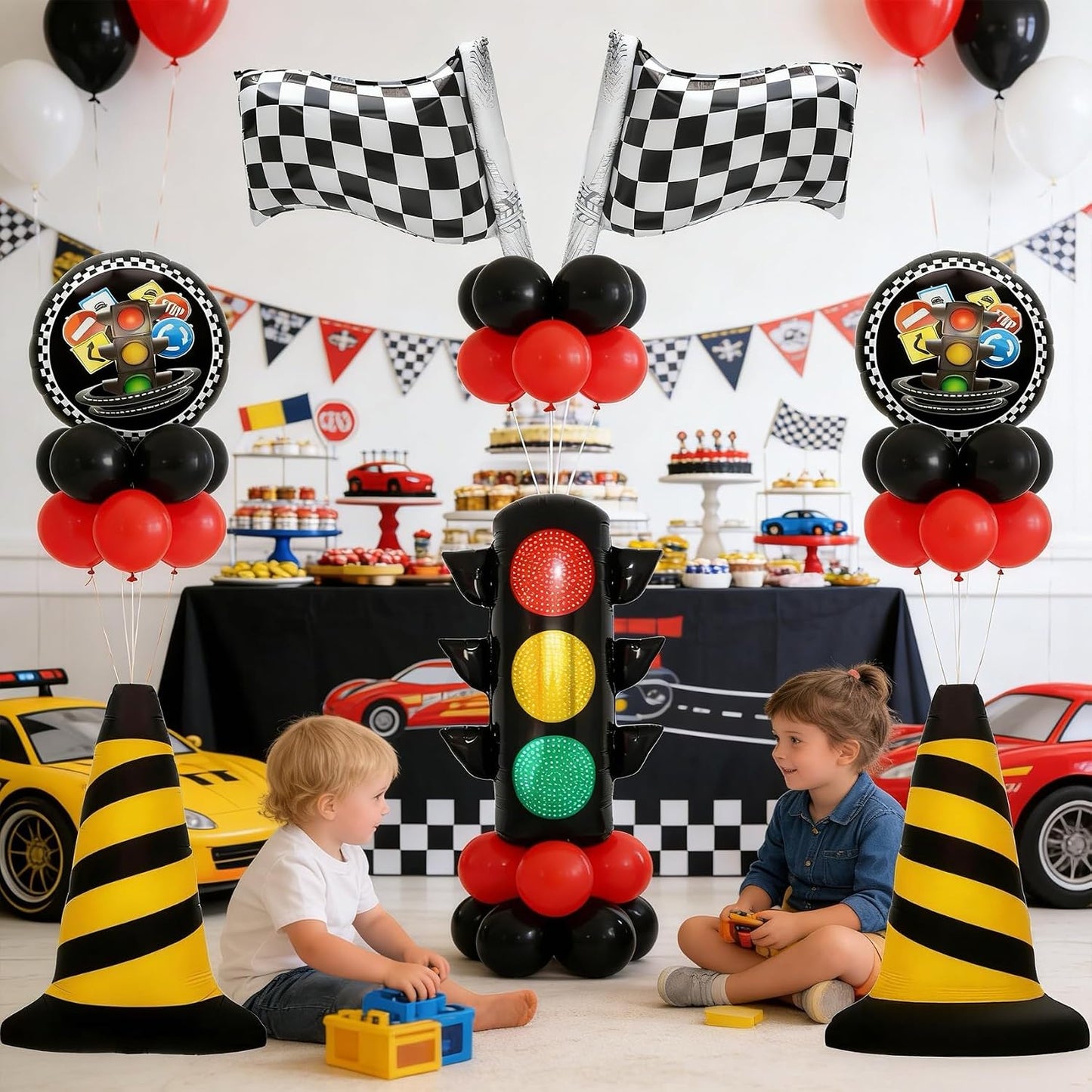 7PCS Traffic Theme Balloons Set,Racing Party Decorations with Traffic Light, Checkered Flags & Road Cone Foil Balloons, Race Car Birthday Decorations for Boys, Baby Shower WN420