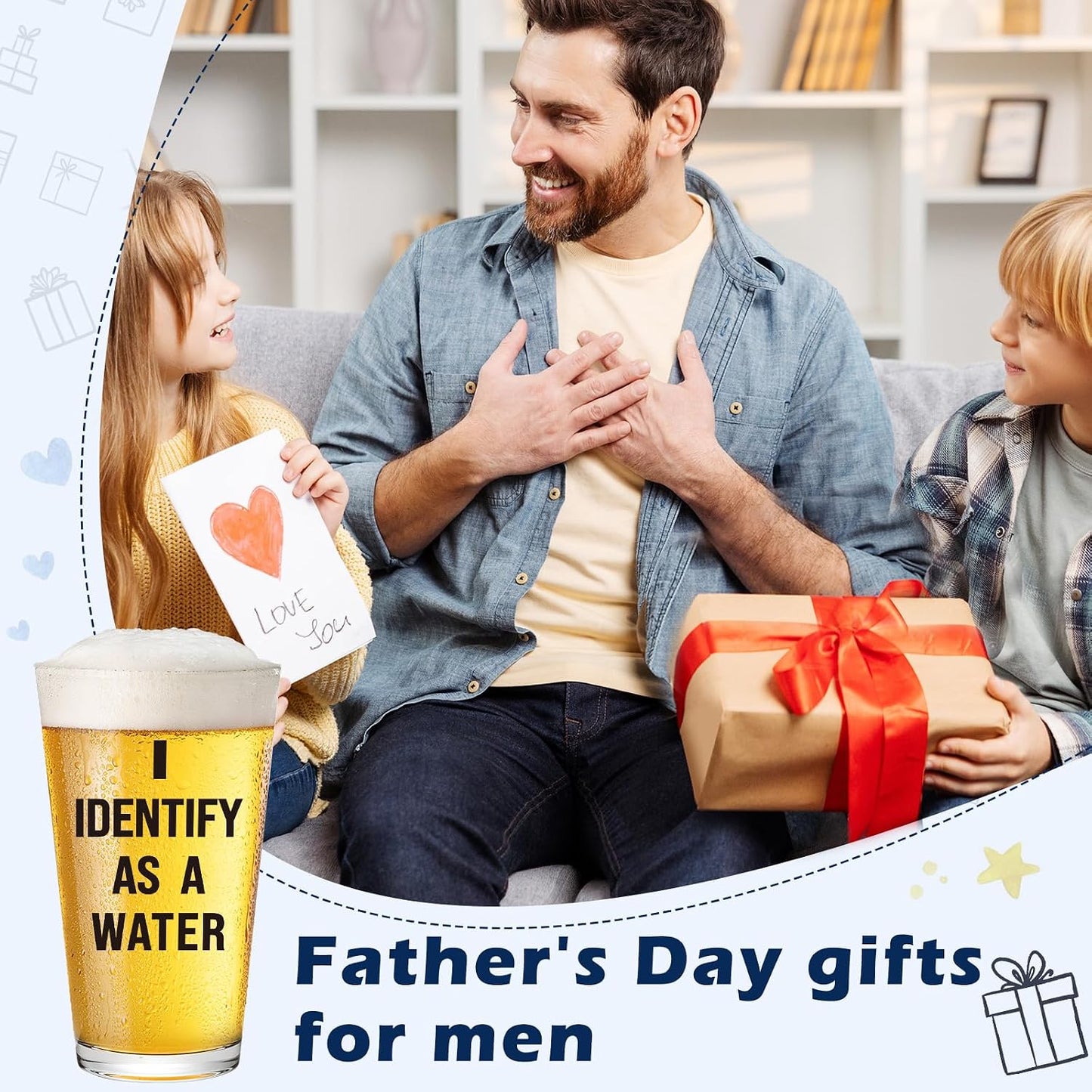 Father's Day Birthday Gift for Dad from Daughter Son Wife I Identify As A Water 16oz Beer Glass Fathers Day Retirement Promotion Gift for Father Daddy Bonus Stepdad Husband Grandpa Boyfriend Men Him BST326L