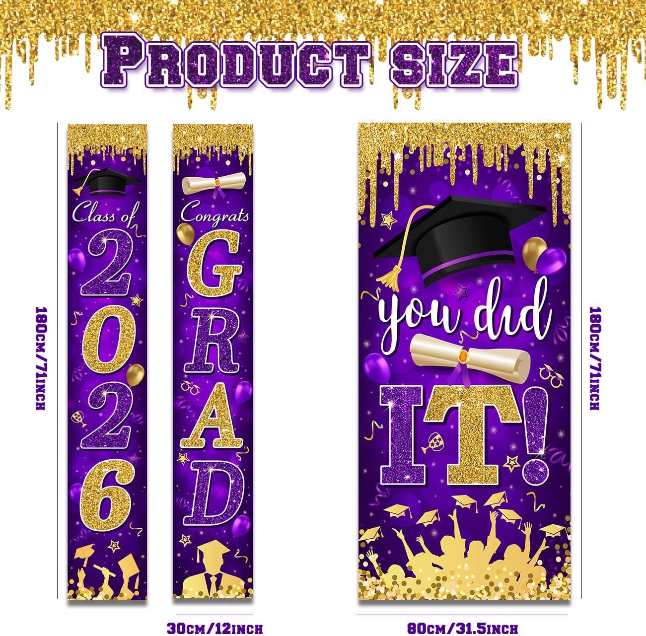 Graduation Decorations Class of 2026 Purple and Gold Congrats Grad Banner and You Did It Door Cover for High School College Graduation Party Supplies(Purple) BST326H