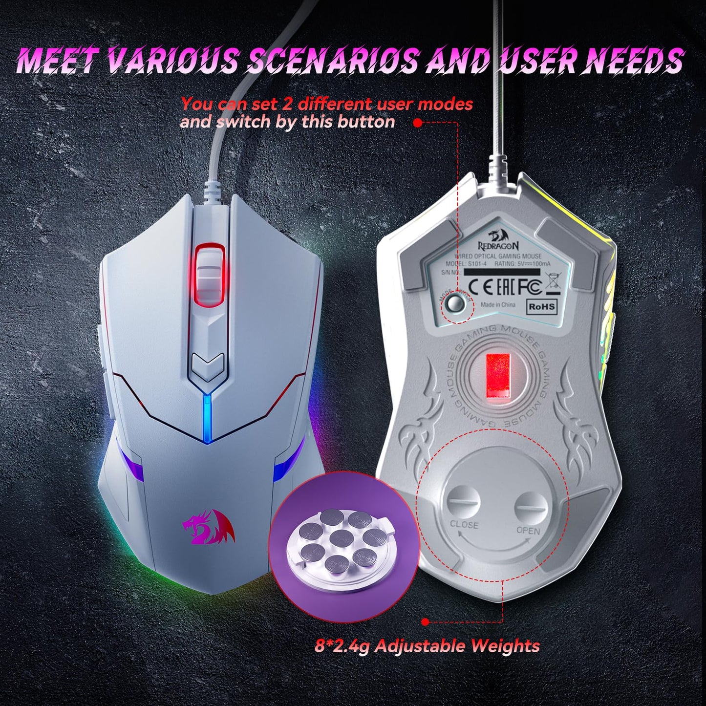 Redragon Updated Programmable Gaming Keyboard and Mouse, RGB Backlit Keyboard Mouse with Software, Independent Macro Record Keys, Value Combo Set, White - S101-3 PRO