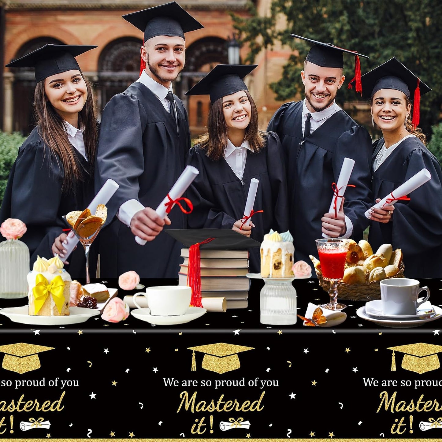3PCS Mastered It Graduation Tablecloth Black Gold Congrats Grad Table Cover Plastic Master's Graduation Party Supplies for Class of 2026 Master College Disposable Decorations WN420
