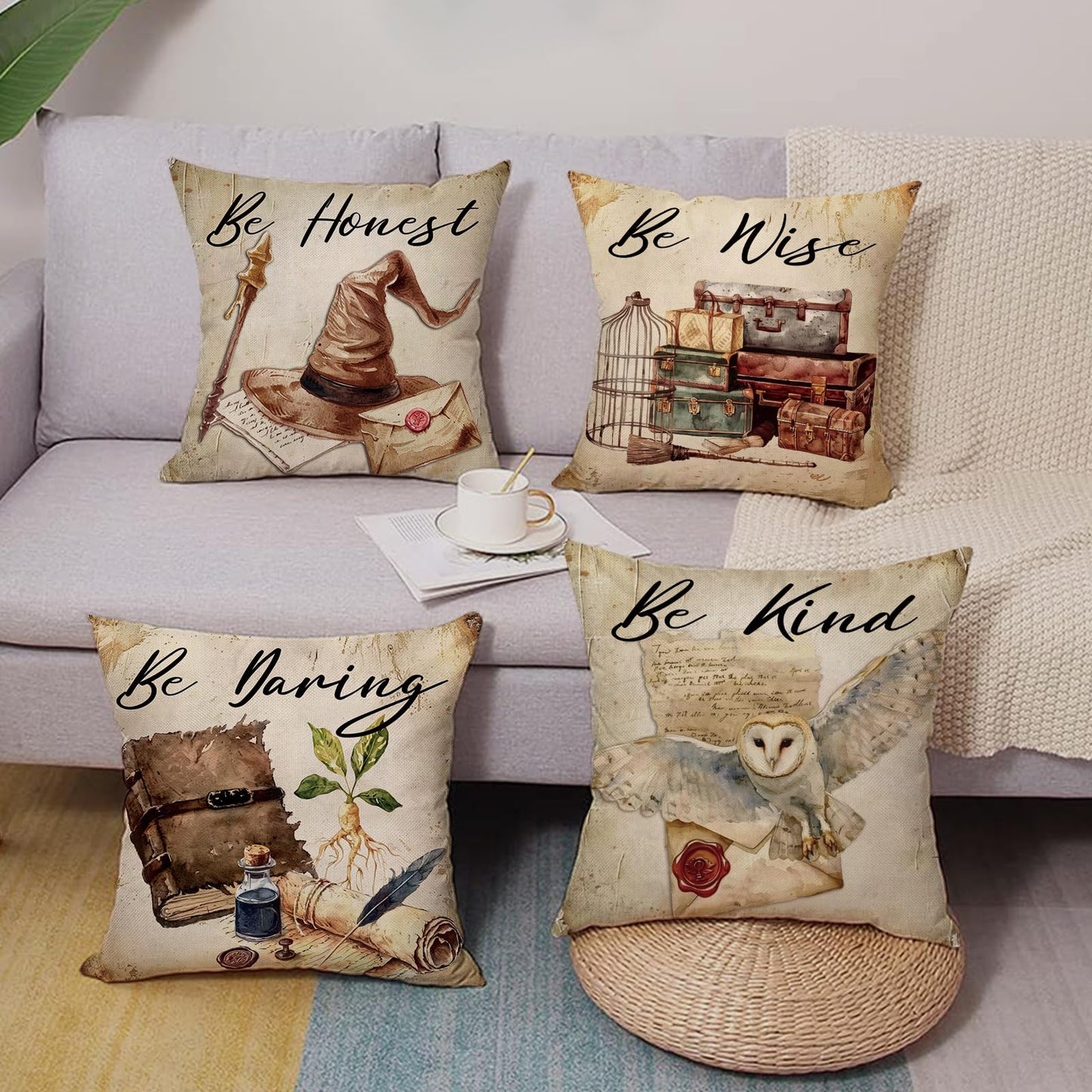Groovy Smiling Face Inspirational Decorative Throw Pillow Covers | 20 x 20 Set of 4, Pink Hippie Smile Flower Porch Outdoor Home Decor, Motivational Quote Everything is Alright Couch Cushion BST202