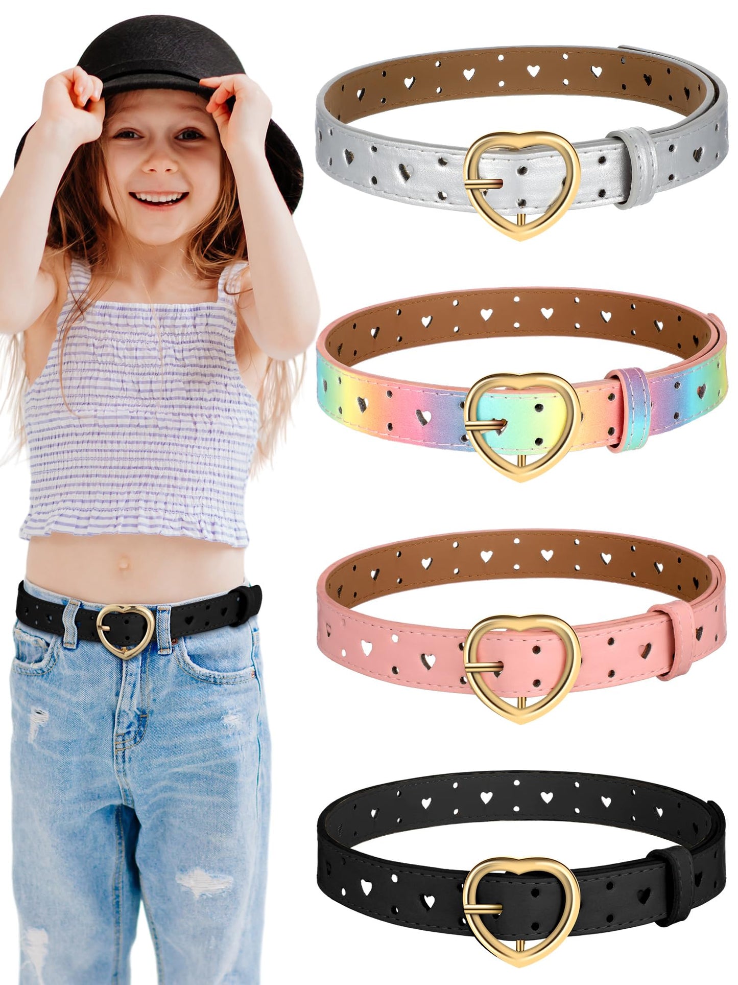 Newcotte 4 Pcs Girls Belt Size Aged 3-12 Kids PU Leather Waist Hollow Heart Design Kids Belts N31