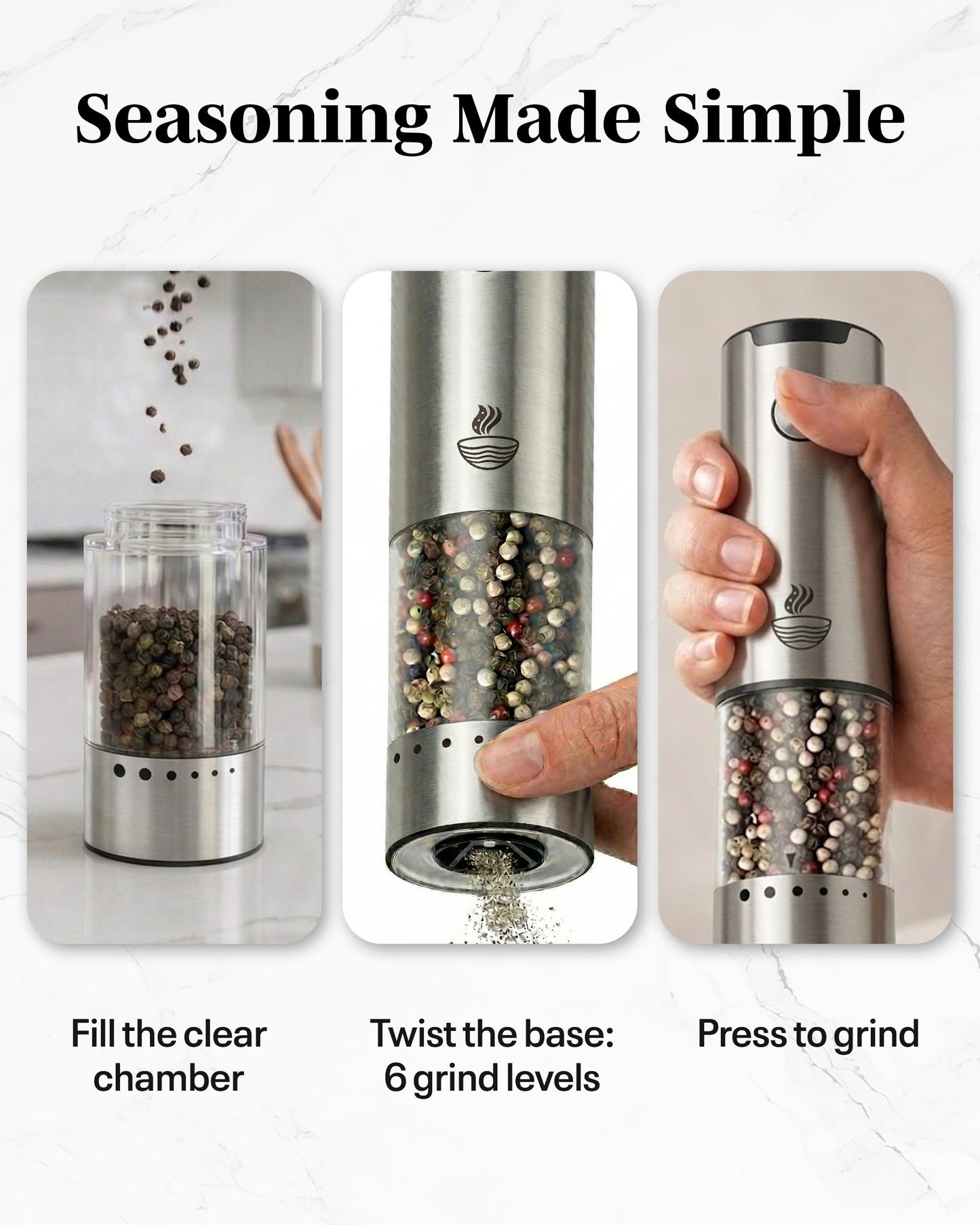 Electric Salt and Pepper Grinder Set - Black 2 Pack Battery Operated Mills with 95ml Large Capacity, Adjustable Coarseness, Built-in LED Light, Automatic Salt & Pepper Shakers for Kitchen BST220