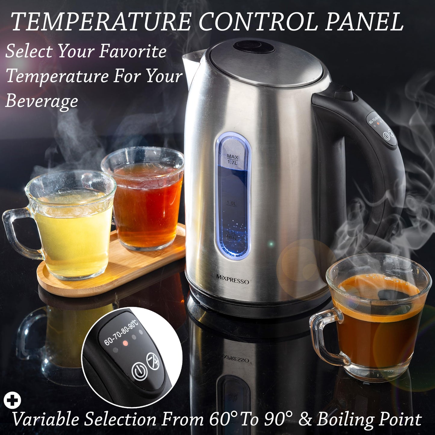 Mixpresso Electric Kettle Temperature Control, Hot Water Kettle Electric, Cordless 1 Liter Capacity, Keep Warm & LED Indicator, Auto-Shutoff, Boil-Dry Protection, Stainless Steel Electric Kettle BST220