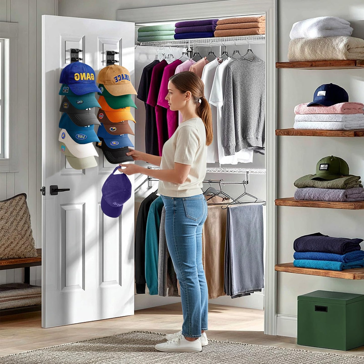 Hat Hook for Wall, 2 Pack Hat Organizer Hold up to 20 Hats,Hat Holder with Strong Adhesive and 8 Pack Screws, Cap Holder Hat Hangers for Wall Closet Door and Bedroom(B-Black) BST220