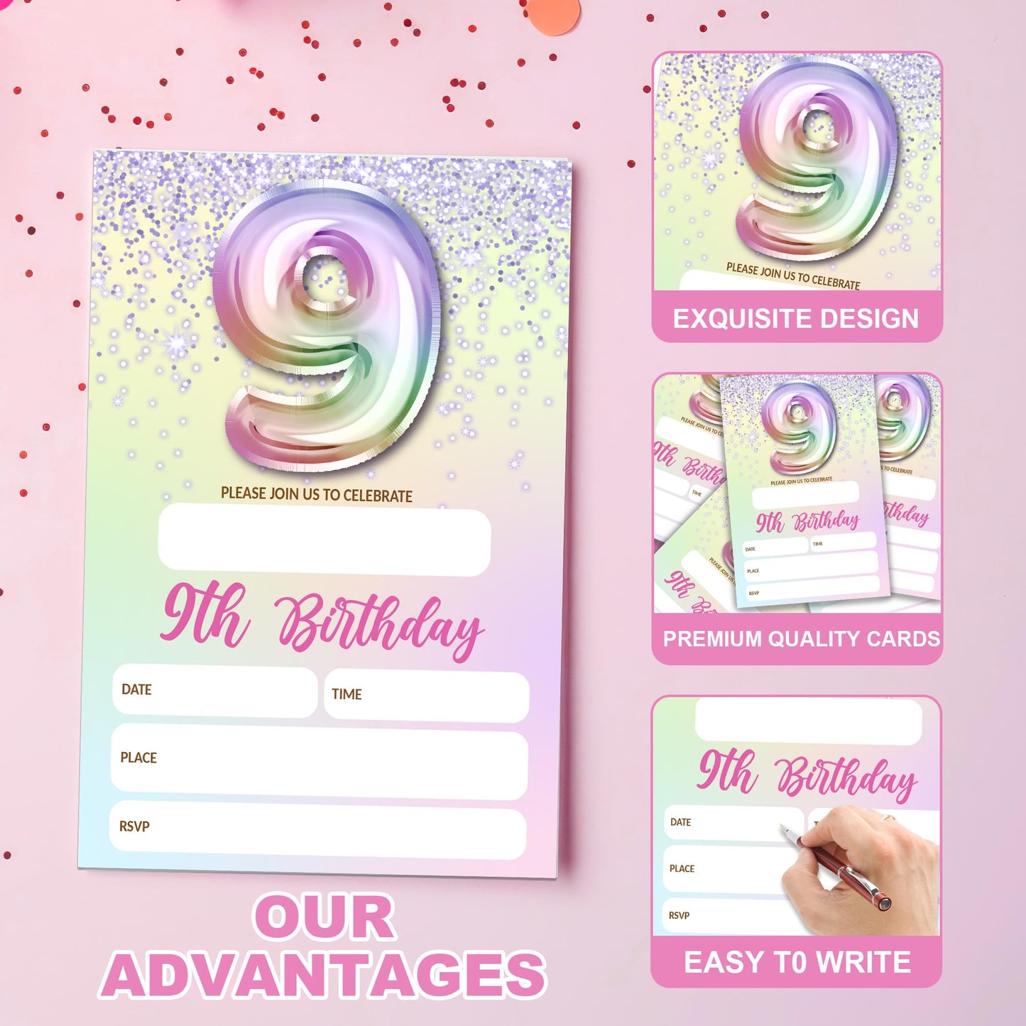 5th Birthday Invitations For Girl,Purple Glitter Birthday Invites, 20 Fill-in Rainbow Balloons Invitation Cards With Envelopes, Fifth Party Decorations 4x6 Inch-D05 WN420