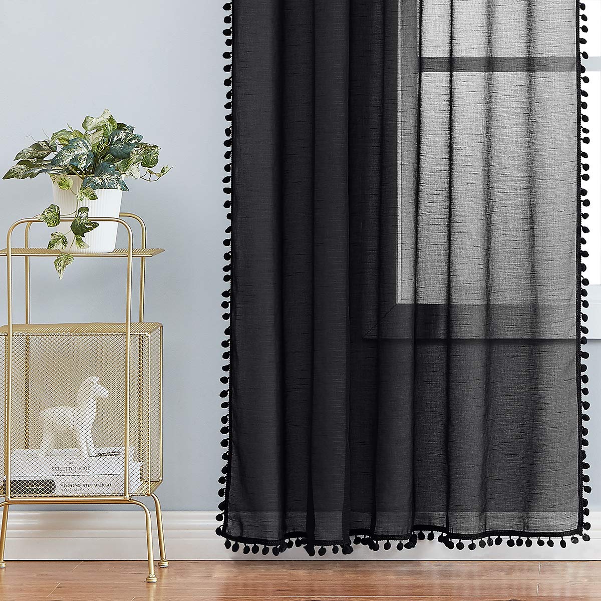 Treatmentex Pom-Pom Grey Sheer Curtains for Bedroom 63" Window Drapes Rod Pocket Textured Sheer Curtain for Kids Room 52" w 2 Panels BST202