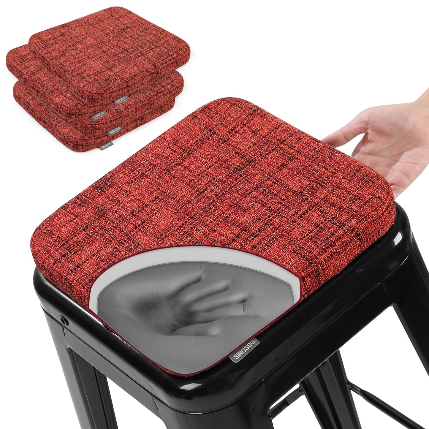 SINOSSO Memory Foam Bar Stool Cushions 4 Pcs, Modern Interwoven Style Magnetic Small Chair Pads Use for Cafe Bistro Stackable Metal Stool (Square, Red, 4) BST220
