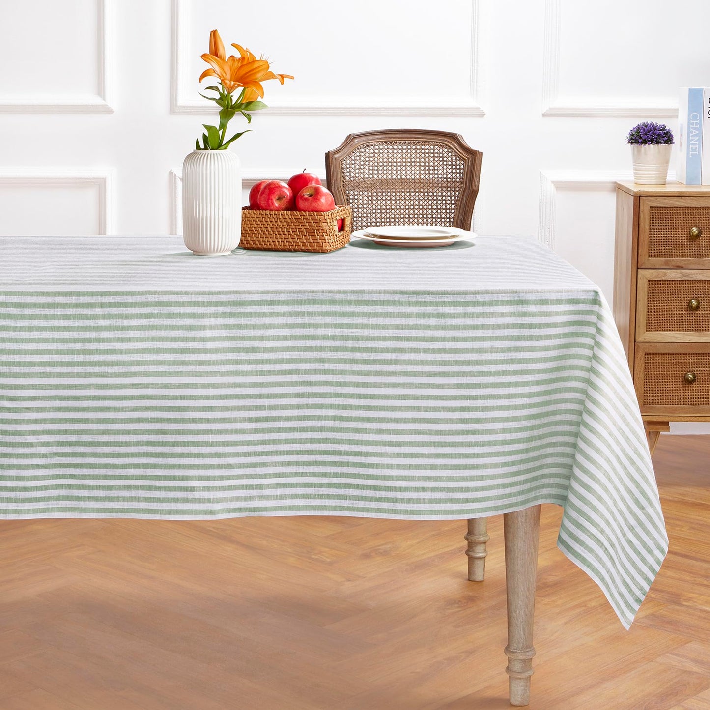 Solino Home 100% Linen Table Cloth, Throw, 52 x 52 in, Coral, Amalfi Stripe | Striped Linen Tablecloth a neat topper for bistro, card and side tables | Coral and White | Pure Linen | OEKO-TEX Certified BST326SOLH