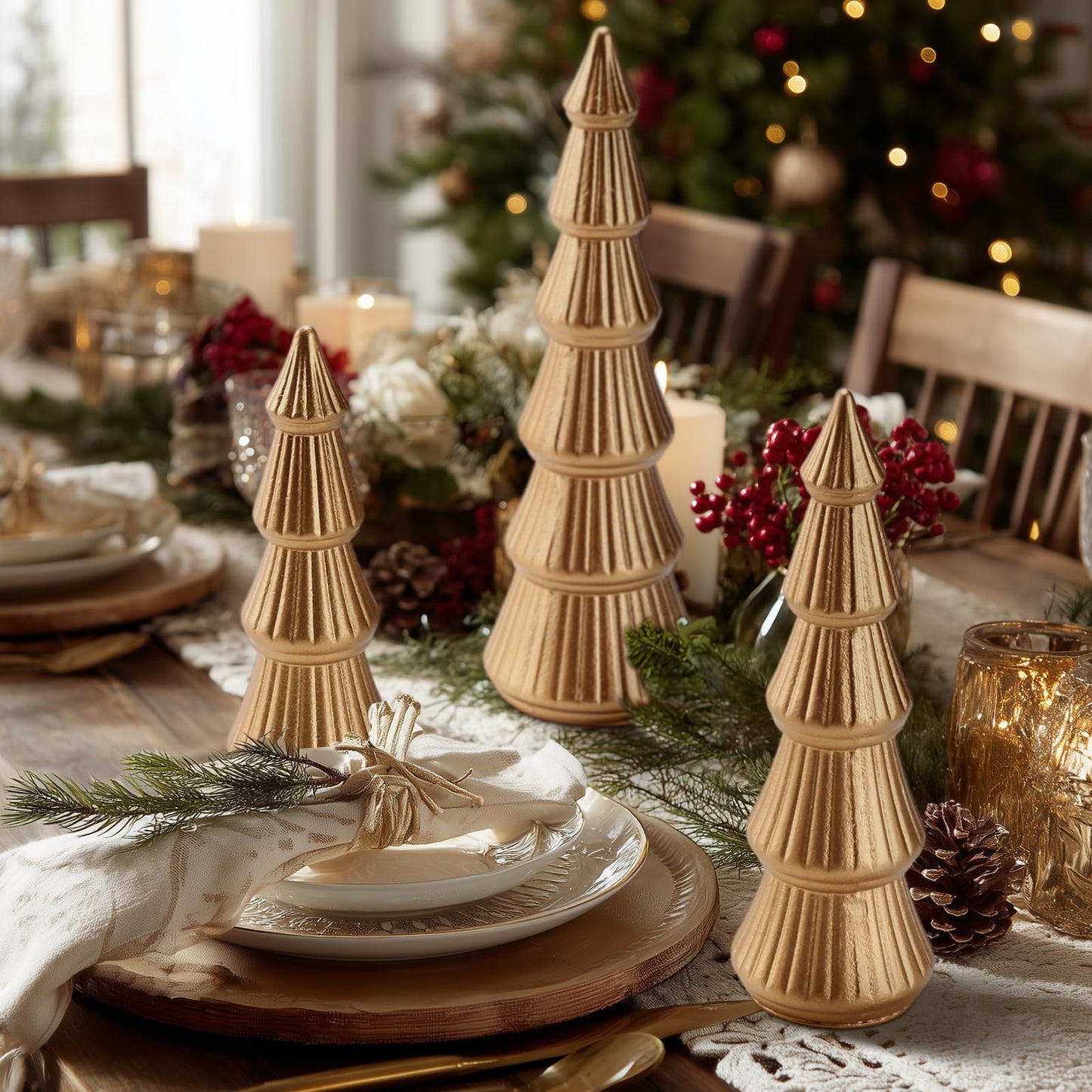 Wooden Christmas Tree Figurine, 3 Pcs Tabletop Xmas Tree, Christmas Centerpiece Decor for Home Entryway Mantel Shelf Table Fireplace Holiday (White-Wood) BST326H