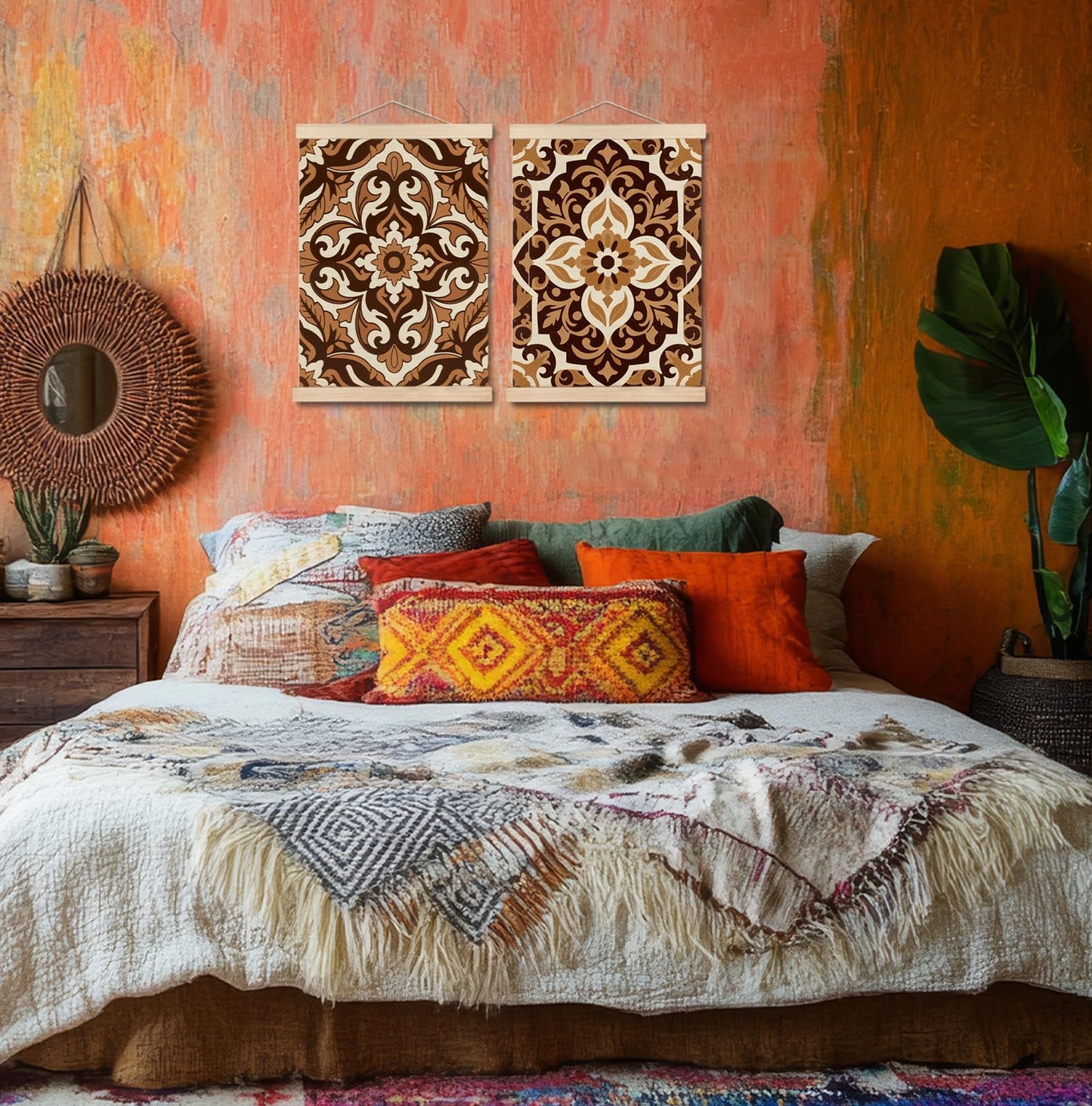 SPBL&L Green Boho Floral Mexican Wall Art, Abstract Flower Poster Hanger Frame, Burnt Orange Terracotta Botanical Hanging Canvas Pictures Prints Wall Decor for Home Bedroom, 12x16 Inch Set of 2 BST202