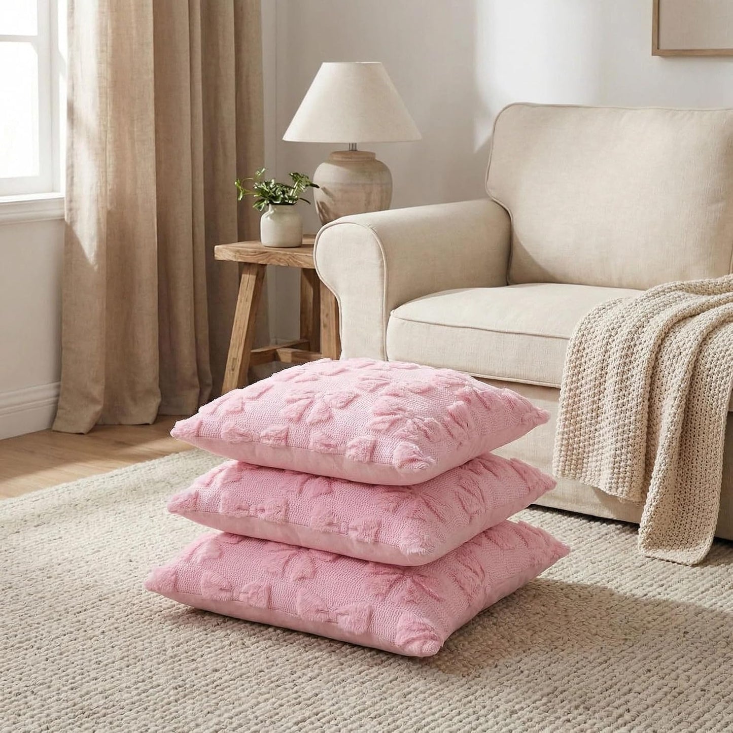 Pink Bow Pillow Covers 18x18 Inch Set of 3 Cute Bowknot Throw Pillow Cover Soft Plush Cushion Covers Aesthetic Pillowcase for Coquette Room Decor BST326H