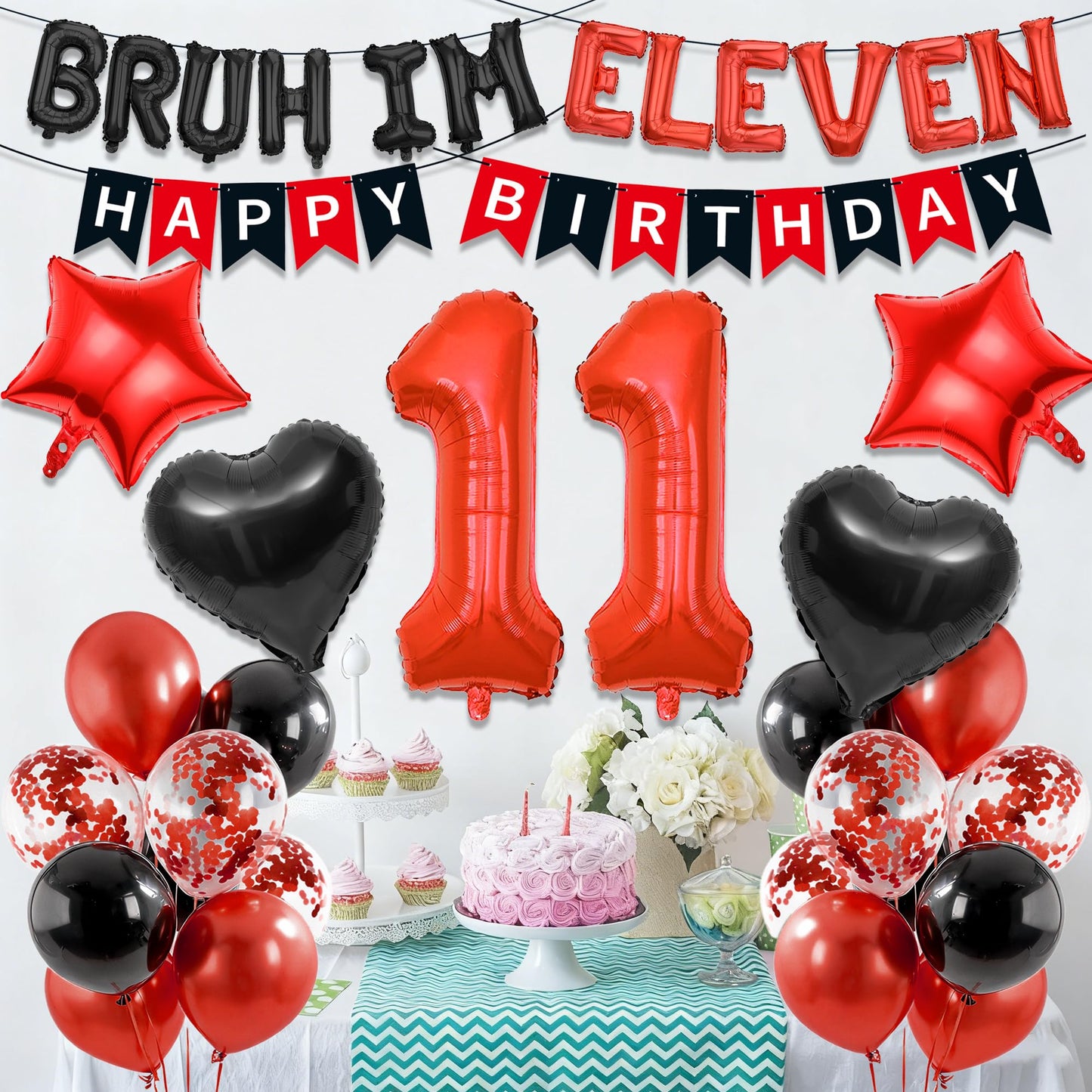 9th Birthday Decorations Boys Kit - 27 Pcs Red and Black Bruh Im Nine Balloon Banners Happy Birthday Fishtail Flags Number 9 Balloon Star Heart Balloons Set for 9 Year Old Party Decoration Supplies BST202