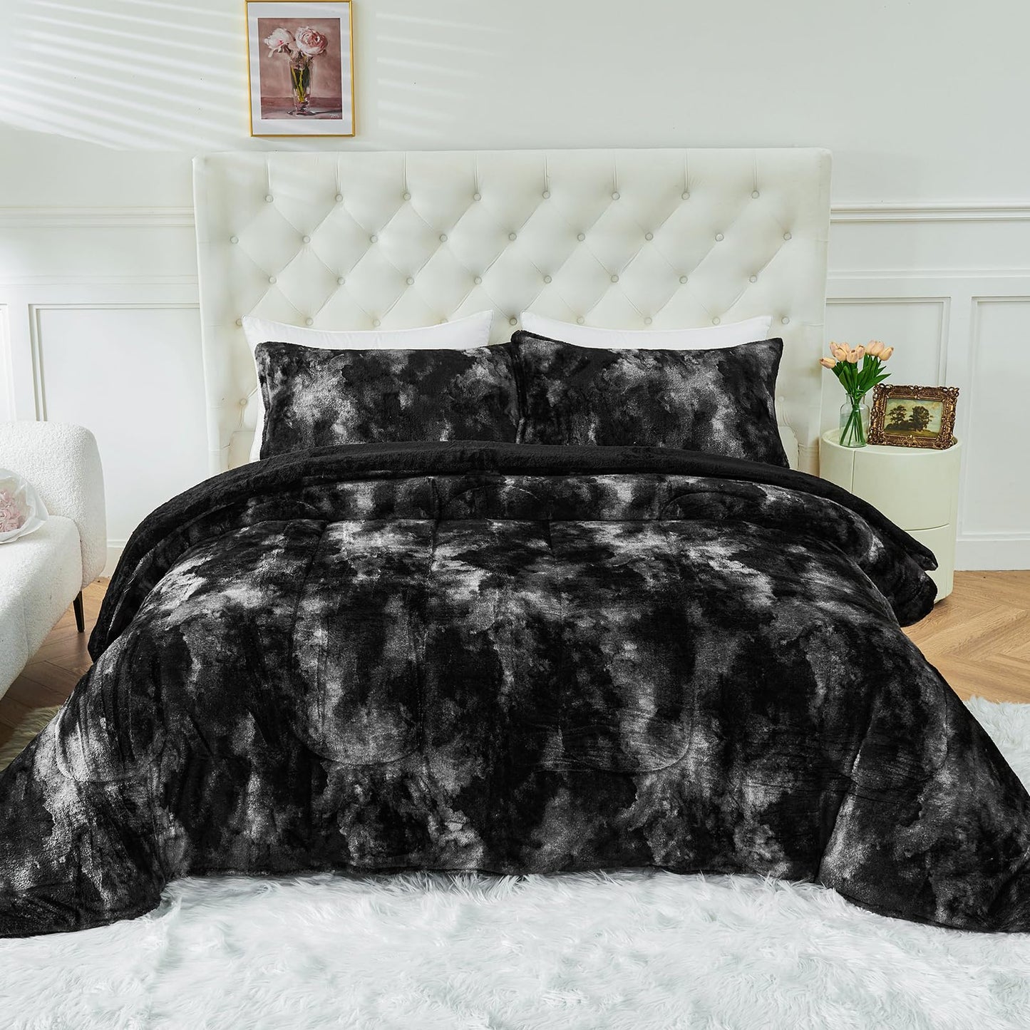 YIYEA Fluffy Queen Size Comforter Set, Luxury Faux Fur Comforter, Ultra Soft Plush Fuzzy Velvet Bedding Comforter Sets for Fall Winter, Cozy Warmth, No Shedding, 3PC, Queen, Light Grey BST326H