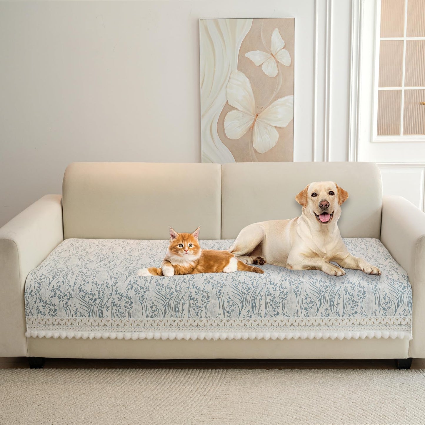HANDONTIME Fuzzy Dog Couch Cover Washable, Pet-Friendly Sofa Covers Non-Slip Geometric Jacquard Pet Protector Furniture Cover for 3 Cushion Sofa Cozy Fuzzy Dog Mat for Couch (Grey, 35.4" x 70.9") BST202