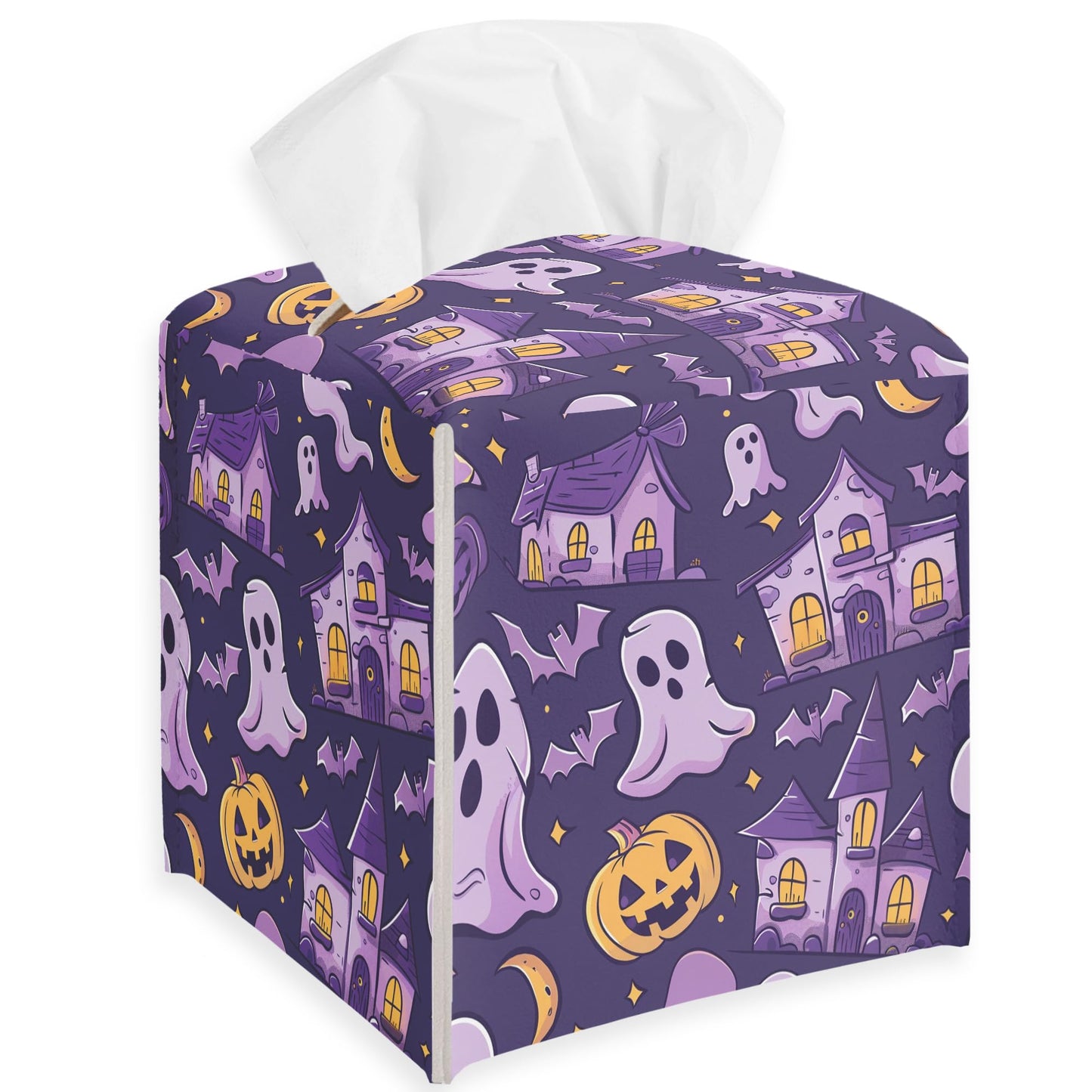 Spooky Tissue Box Cover Square - Ghosts & Bats Tissue Box Holder - Halloween Pumpkin Facial Paper Organizer Dispenser for Home Car Bathroom Office Bedroom Desk Tabletop Supplies & Decor - A11 BST220