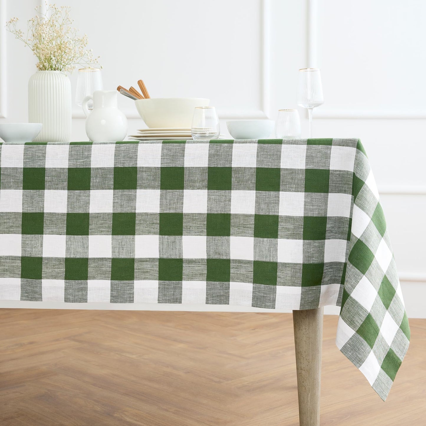 Solino Home 100% Pure Linen Rectangular Tablecloth Pink Check, 60 x 120 in | Buffalo Check Linen Table Cloth for dining and entertaining | buffalo checkered weave | Marshmellow Pink | OEKO-TEX Certified BST326SOLH