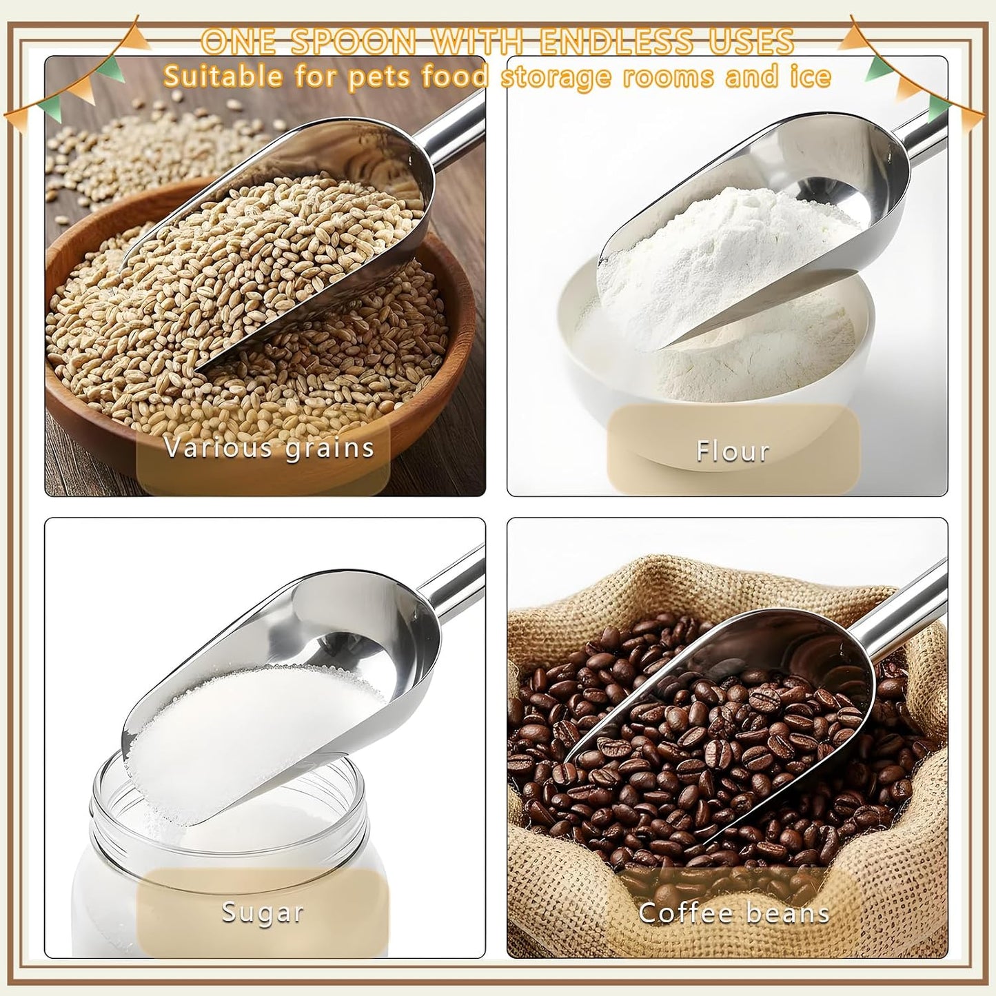 Dog and Cat Food Scoop, 1 Cup Stainless Steel Measuring Scooper with Long Handle for Pet Food, Ice Machine & Freezer, Easy to Clean & Store BST326L