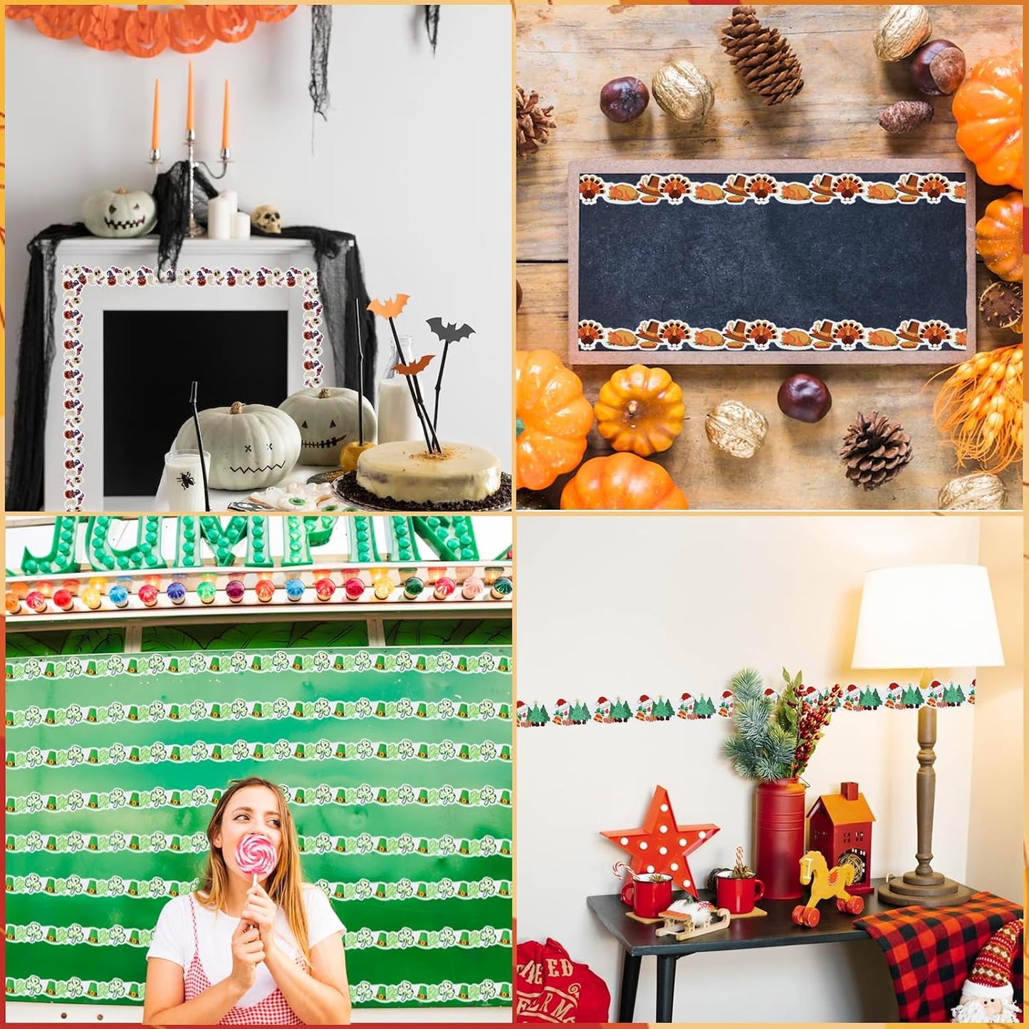 12 Rolls 394ft Holiday Bulletin Board Borders, Bulletin Board Decorations, Pumpkin Halloween Thanksgiving Christmas Trim for School Classroom Wall Decor BST326H