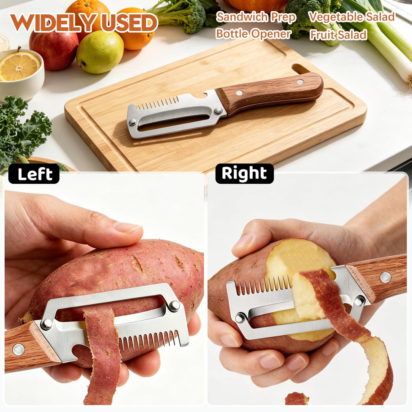 Left & Right Hand Vegetable Peeler Set with Bottle Opener, Thickened Stainless Steel Wide Blade for Smooth Peeling, Wooden Handle Kitchen Peeler for Fruits & Vegetables BST326L