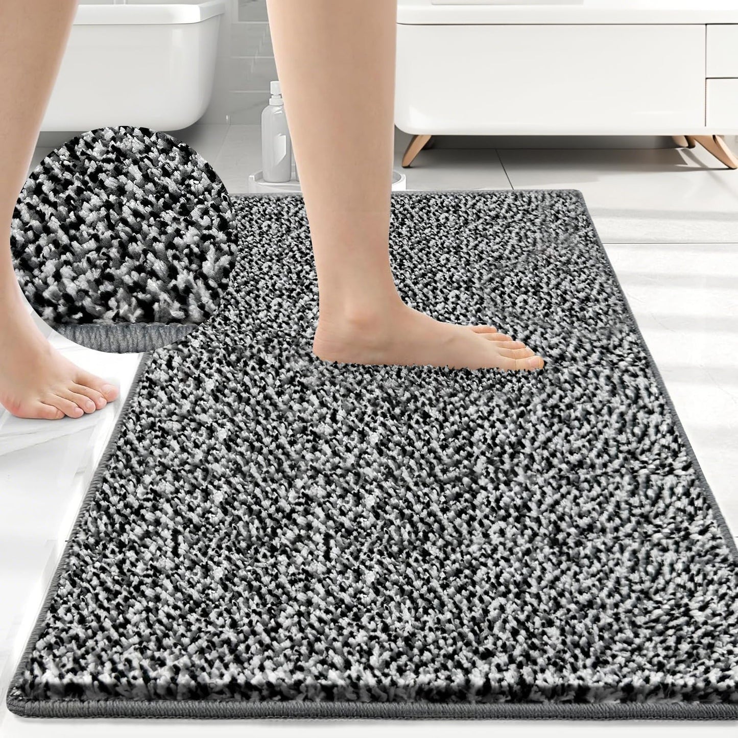 HDFK Bathroom Rugs | Non Slip Washable Bath Mats 24x16 Inches 2 Tone Soft Chenille Medium Pile TPR Floor Mat | High Absorbency Quick Dry Grey and White | Shower Rug for Wet Dry Zone BST220