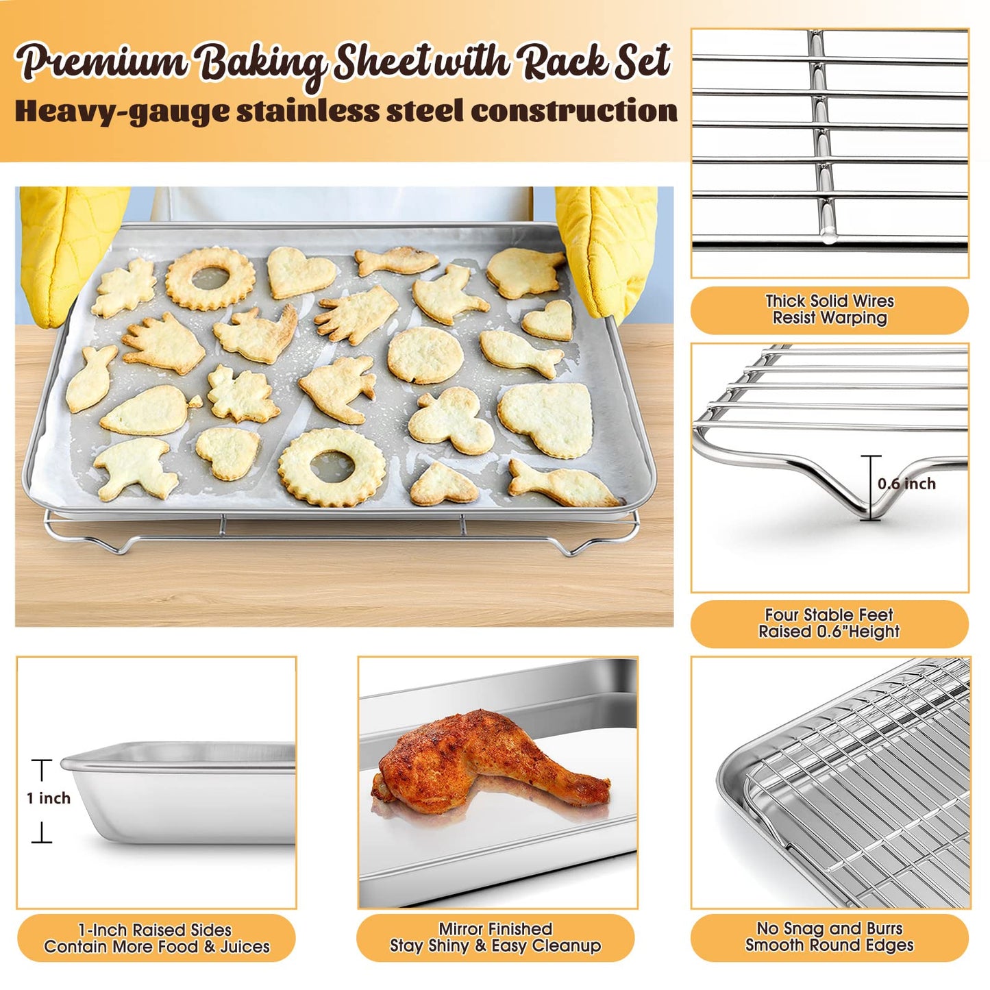 E-far Cookie Sheet with Rack Set, Half Sheet Baking Pan for Oven Cooking, 18”x13” Stainless Steel Rimmed Tray with Wire Cooling Rack for Roasting Broiling Bacon Meat Steak - Dishwasher Safe BST220