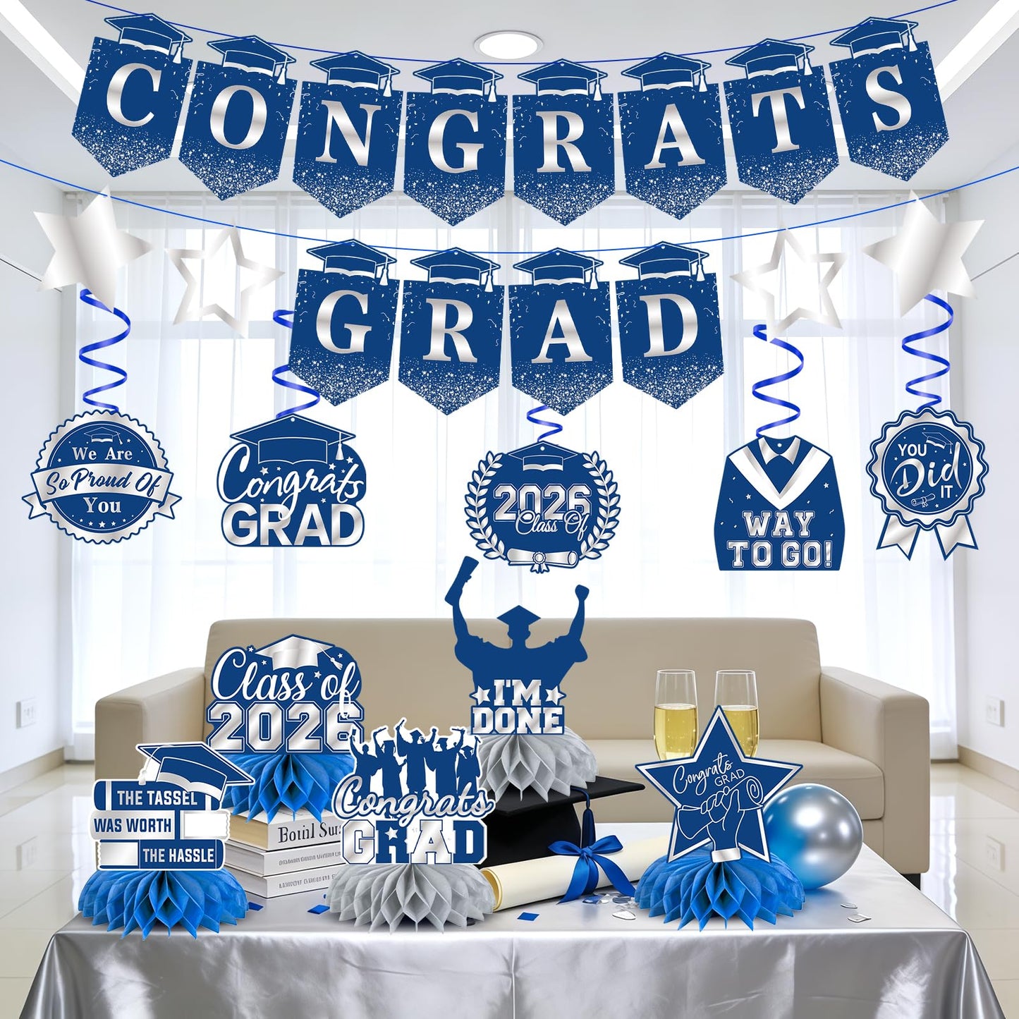 Graduation Decorations 2026, Class of 2026 Graduation Party Decorations Set, Congrats Grad Banner, Hanging Swirls & Table Centerpiece Decorations, Black and Gold Graduation Decor for Home School Party BST326L