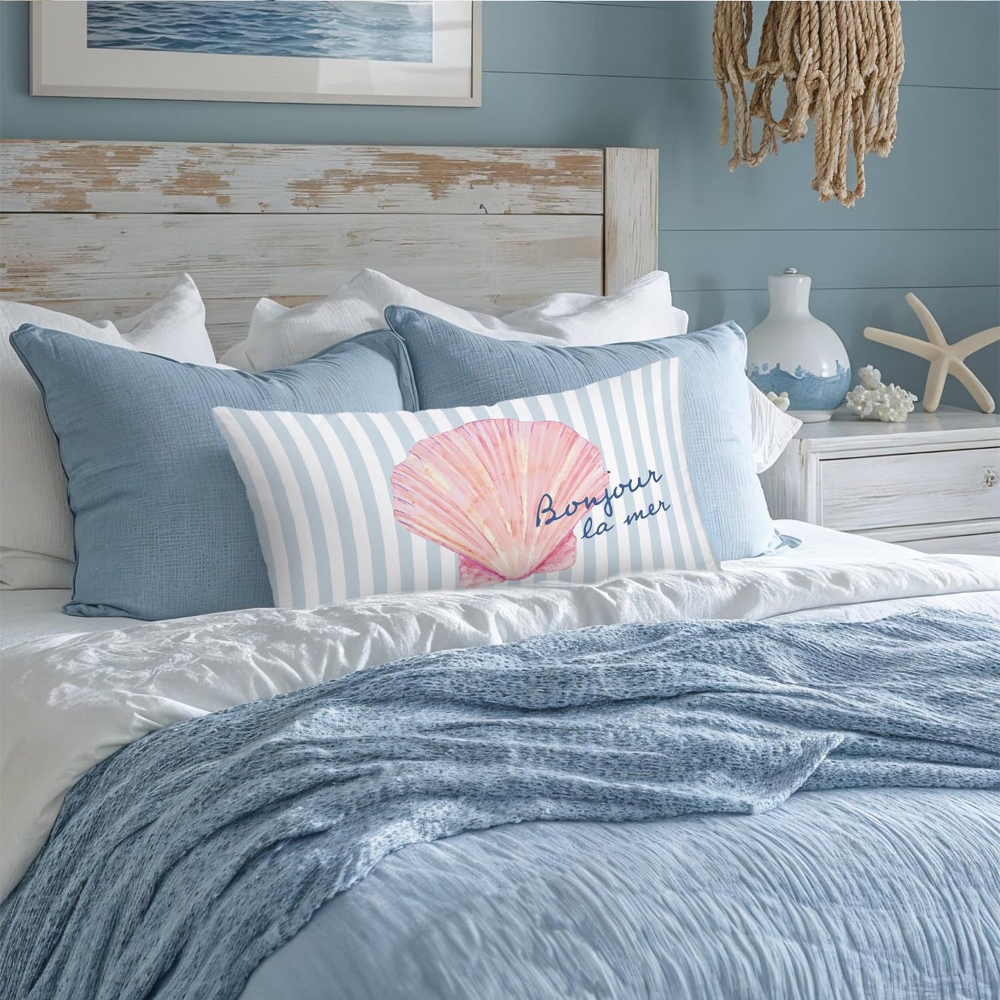 Coastal Beach Girly Room Decor 12x20 Pillow Cover, Preppy Beach Navy Blue Bikini Striped Decorative Lumbar Pillow Covers for Girls Bedroom College Dorm Sofa Couch BST326L