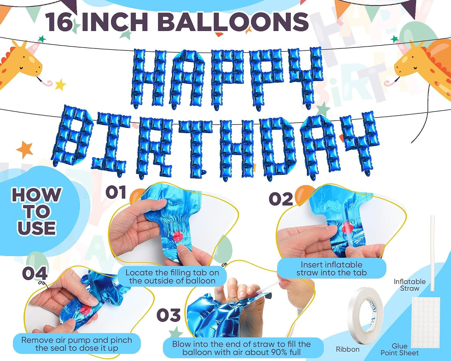 Seenelling Happy Birthday Balloons Banner with 3 Pack Silver Foil Fringe Backdrop 16 Inch Foil Letters Metallic Tinsel Fringe Curtains Reusable Inflatable Birthday Party Decorations(Blue) BST326L